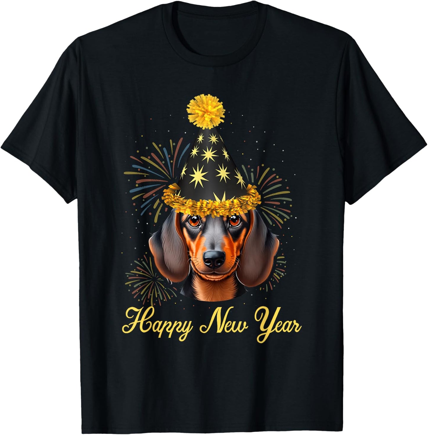 Dog Lover NYE Party Fireworks Kids Men Women Dachshund Dog Happy New Year 2025 New Year's Eve Party T-Shirt - T-Shirt | Black