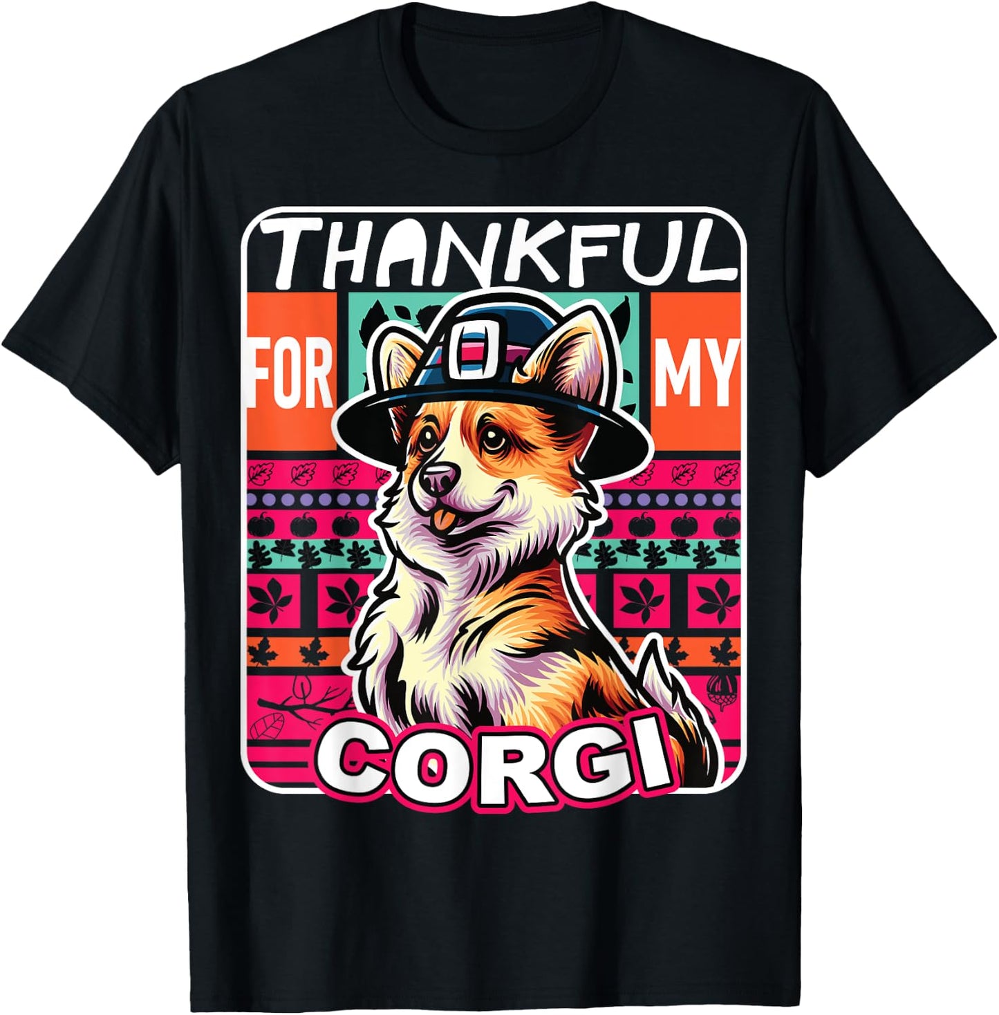 Corgi Dog Scarf Pilgrim Happy Thanksgiving T-Shirt - T-Shirt | Black