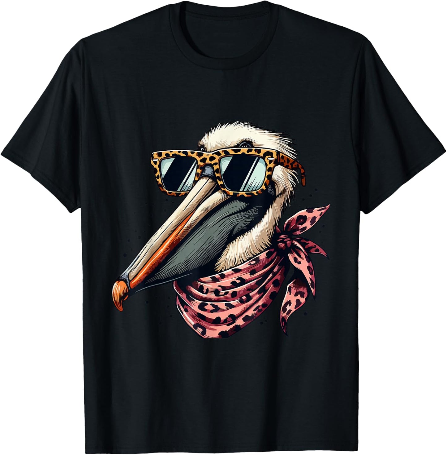 Pelican Wearing Leopard Scarf Animal Wearing Sunglasses T-Shirt - T-Shirt | Black