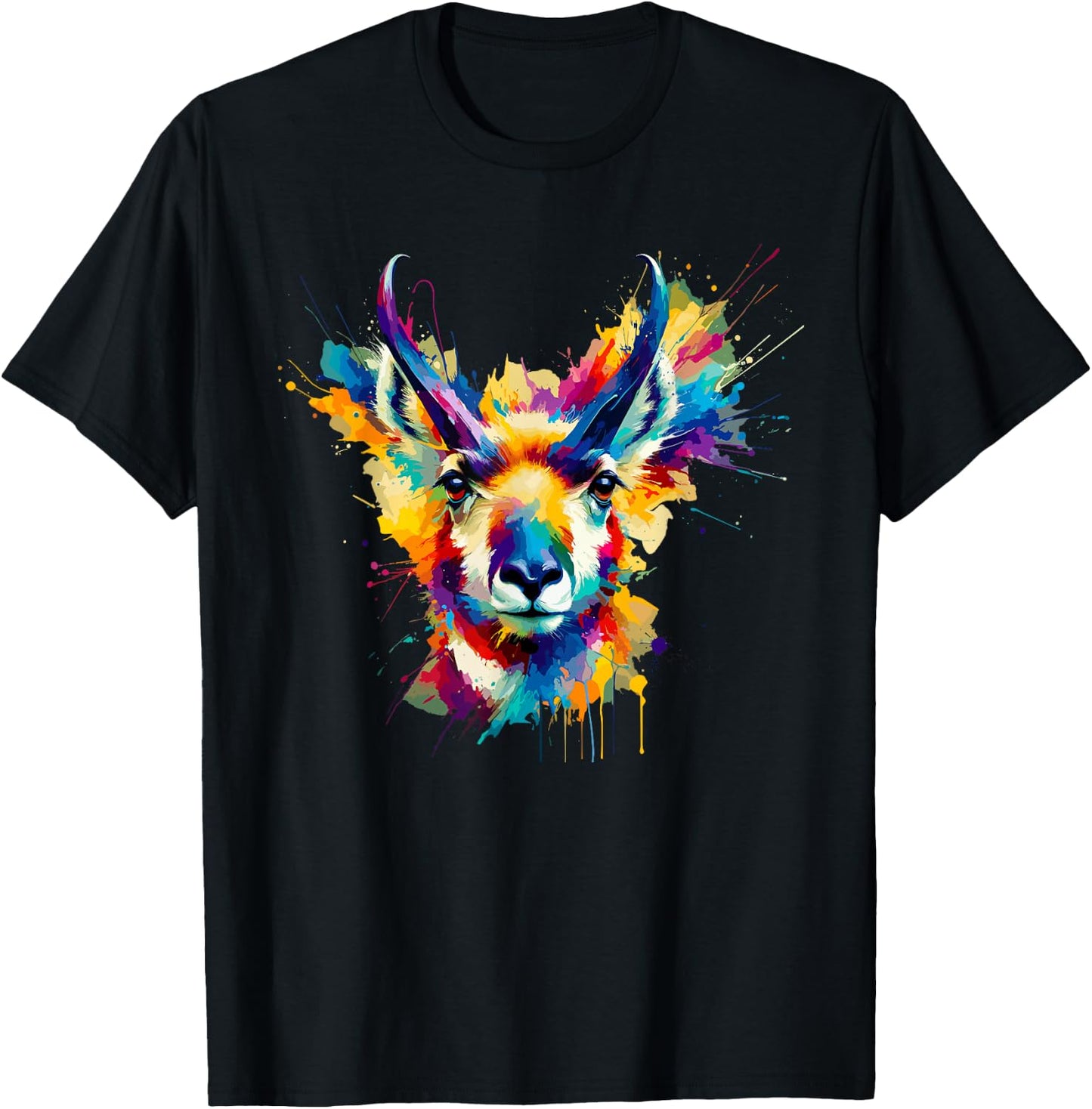 Colorful Splash Art Pronghorn American Antelope Pronghorns T-Shirt - T-Shirt | Black