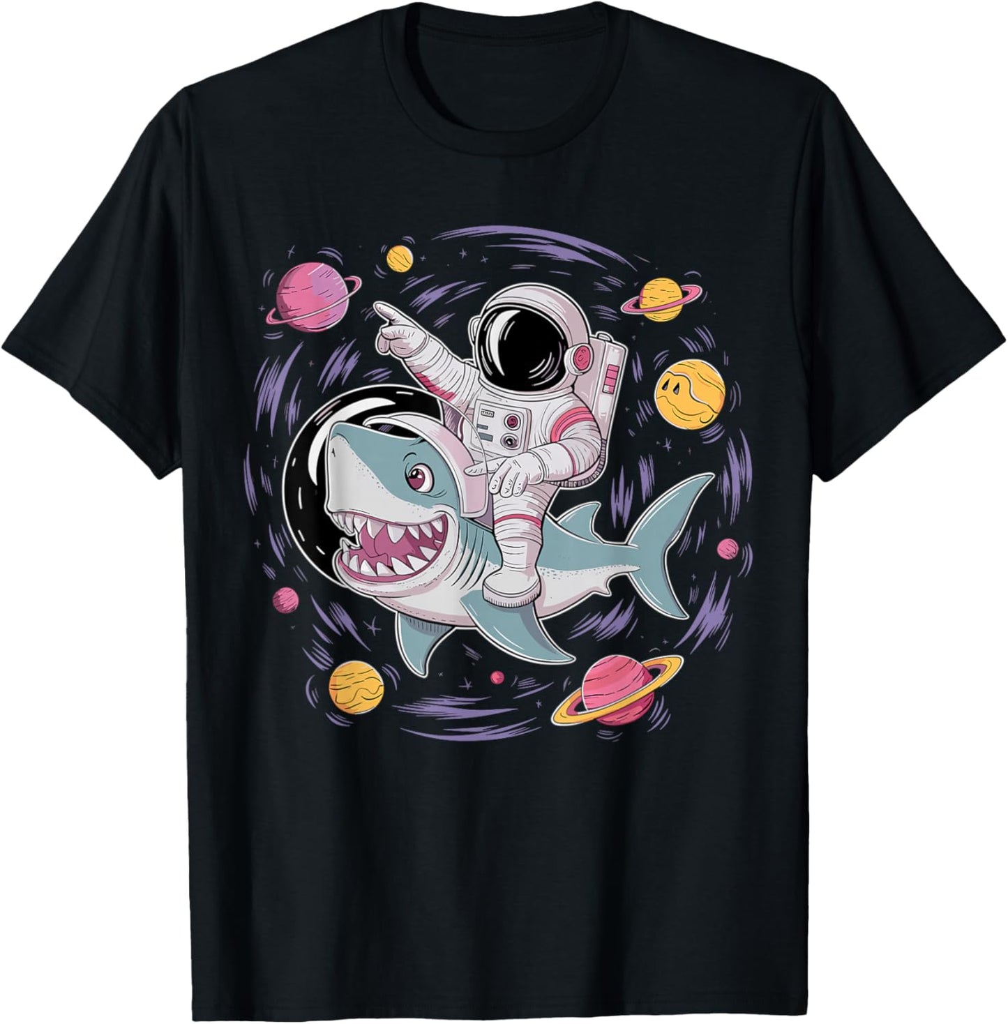 Astronaut Riding Shark Birthday Party in Outer Space T-Shirt - T-Shirt | Black