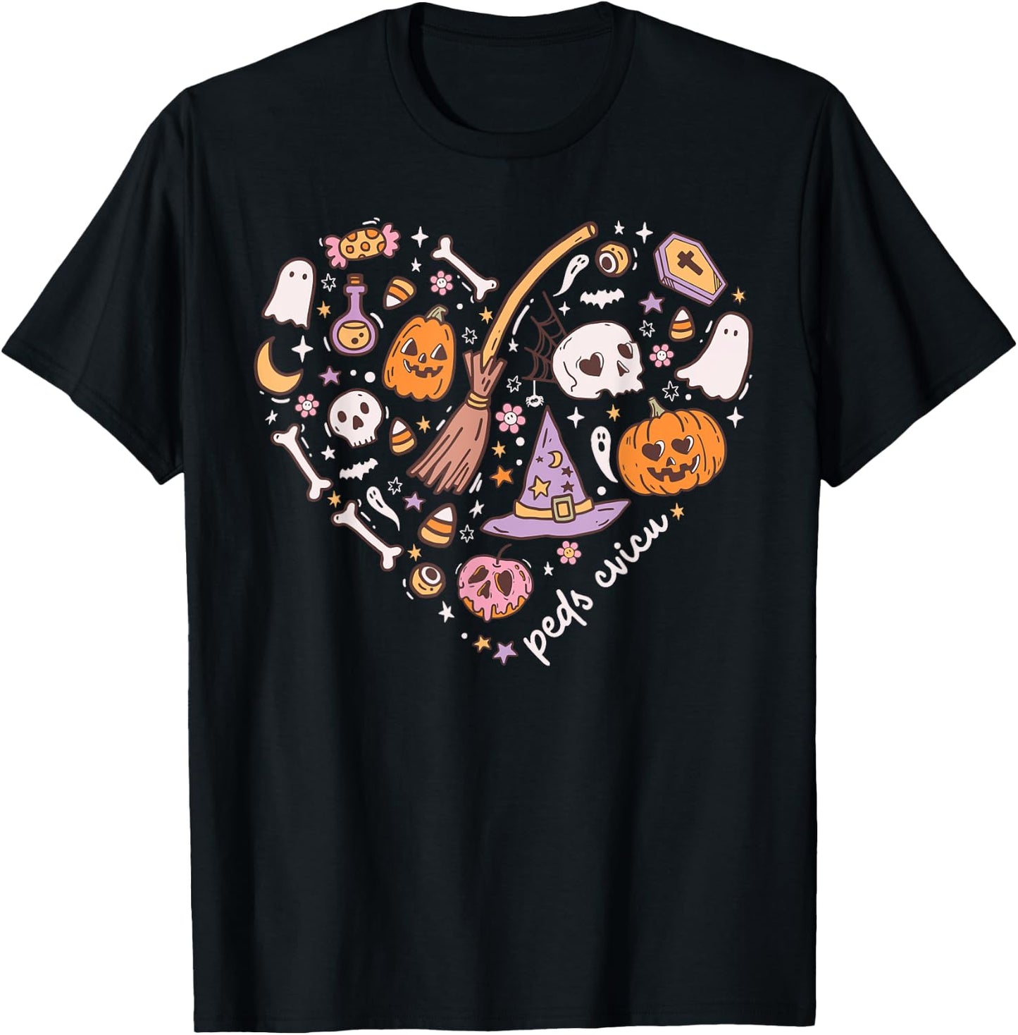 Cute PEDS CVICU Heart Halloween Pediatric Cardiac ICU Nurse T-Shirt - T-Shirt | Black