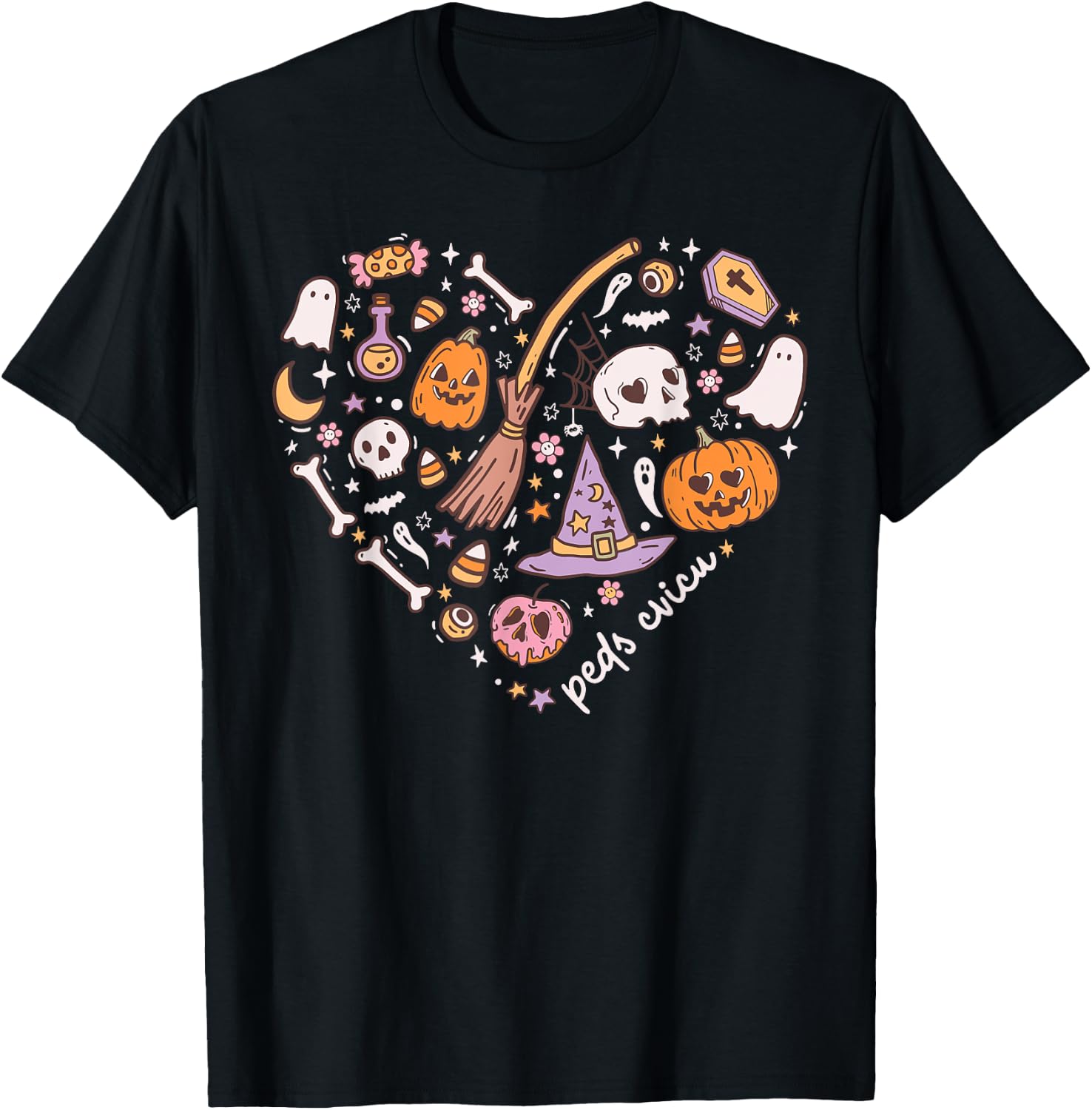 Cute PEDS CVICU Heart Halloween Pediatric Cardiac ICU Nurse T-Shirt - T-Shirt | Black