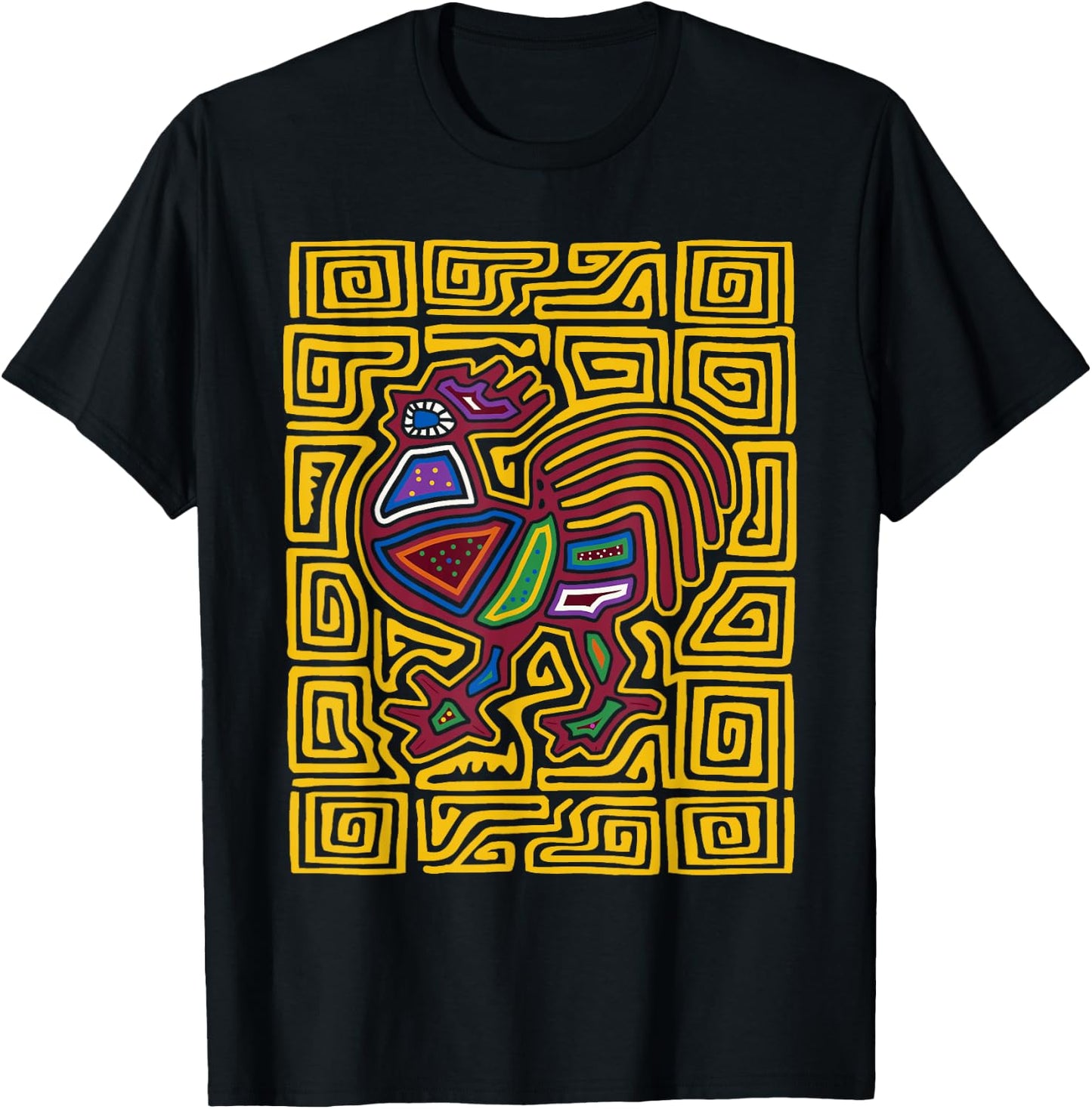 Rooster Mola Art by Panama Kuna Tribe Chicken T-Shirt - T-Shirt | Black