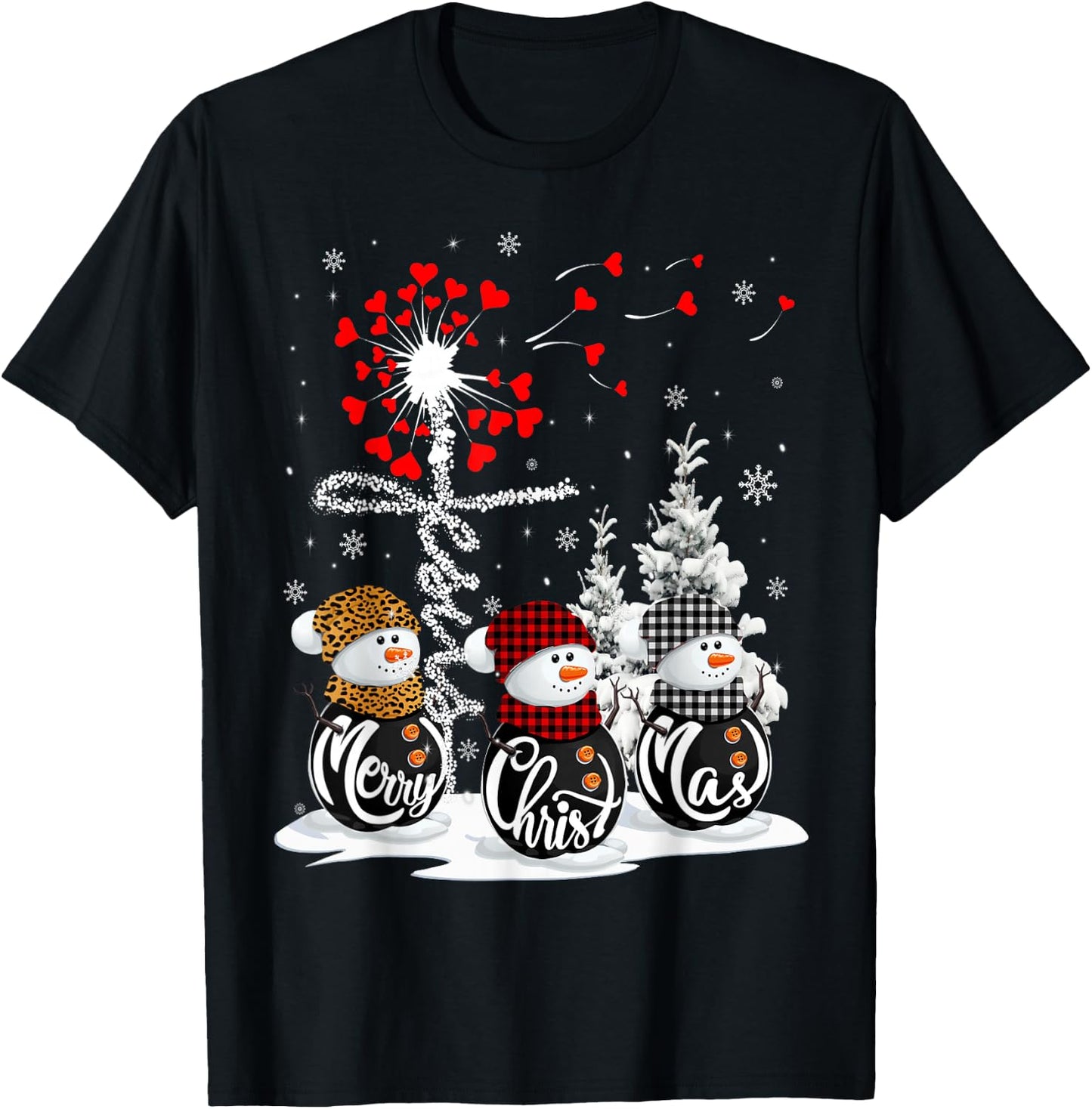 Merry Christmas Snowman Leopard Buffalo Red Plaid Men Women T-Shirt - T-Shirt | Black
