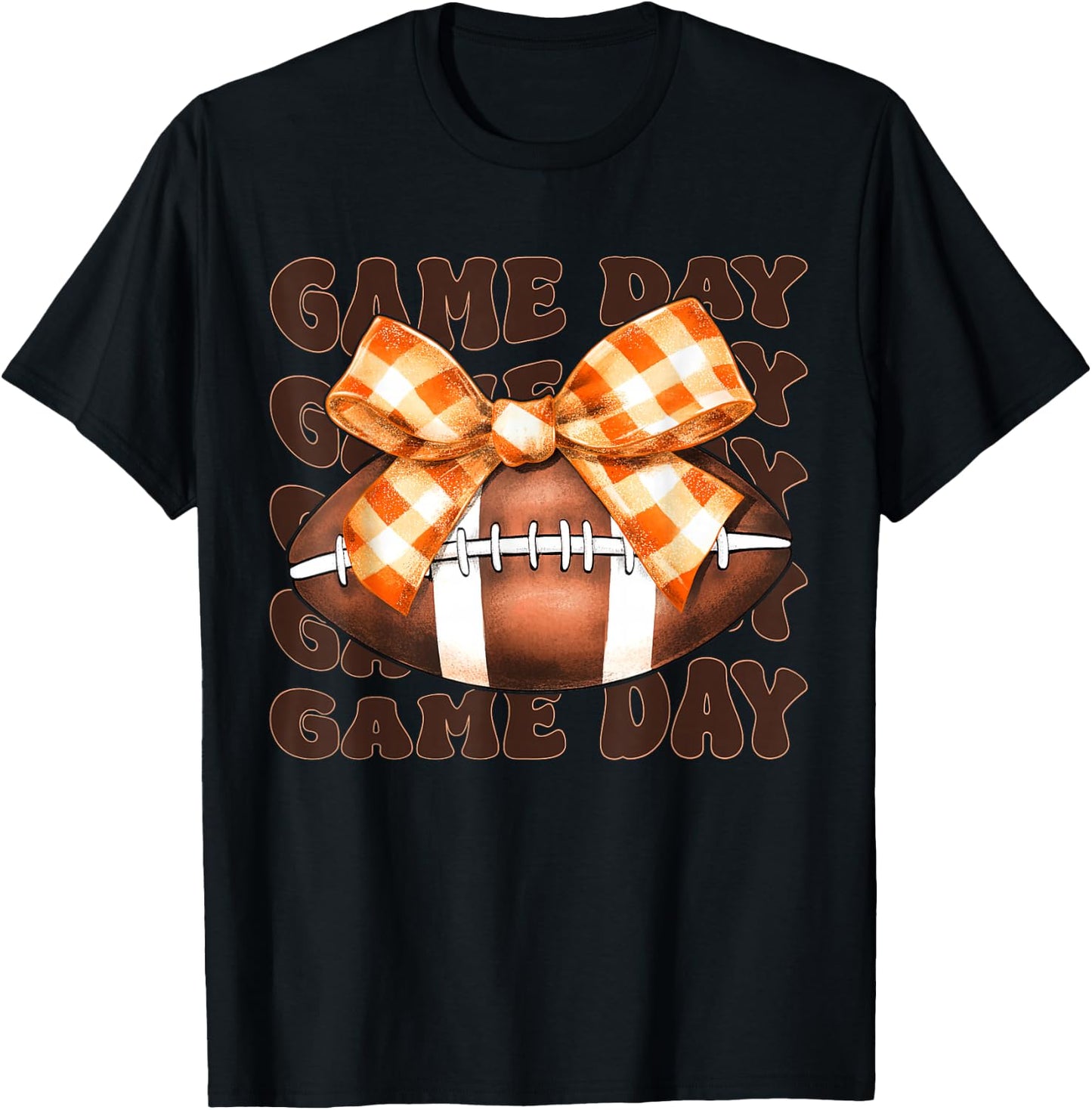 Football Autumn Fall Orange Checkered Ribbon Bow Game Day T-Shirt - T-Shirt | Black