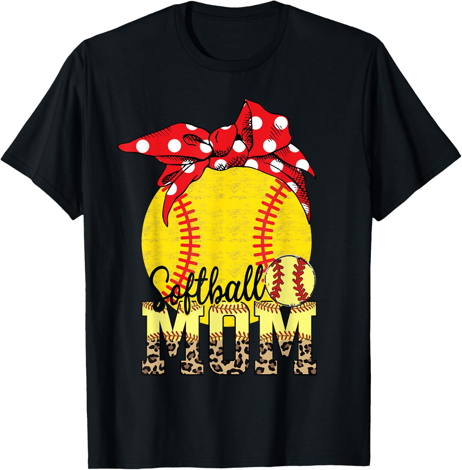 Softball Mom Messy Bun Leopard Softball Mothers Day T-Shirt - T-Shirt | Black