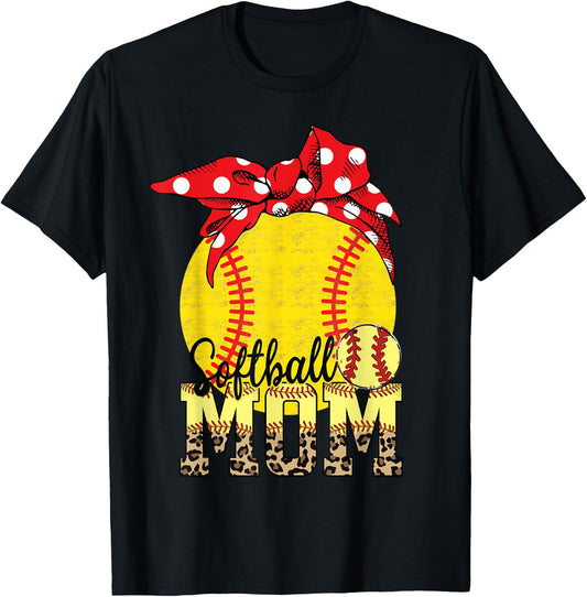 Softball Mom Messy Bun Leopard Softball Mothers Day T-Shirt - T-Shirt | Black