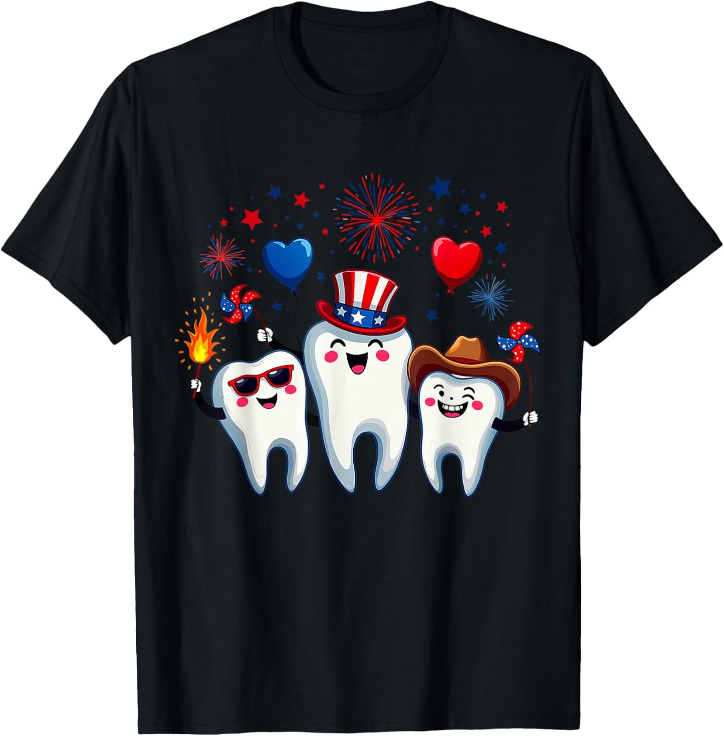 Three Teeth 4th Of July US Flag Firework Dentist Dental Team T-Shirt - T-Shirt | Black