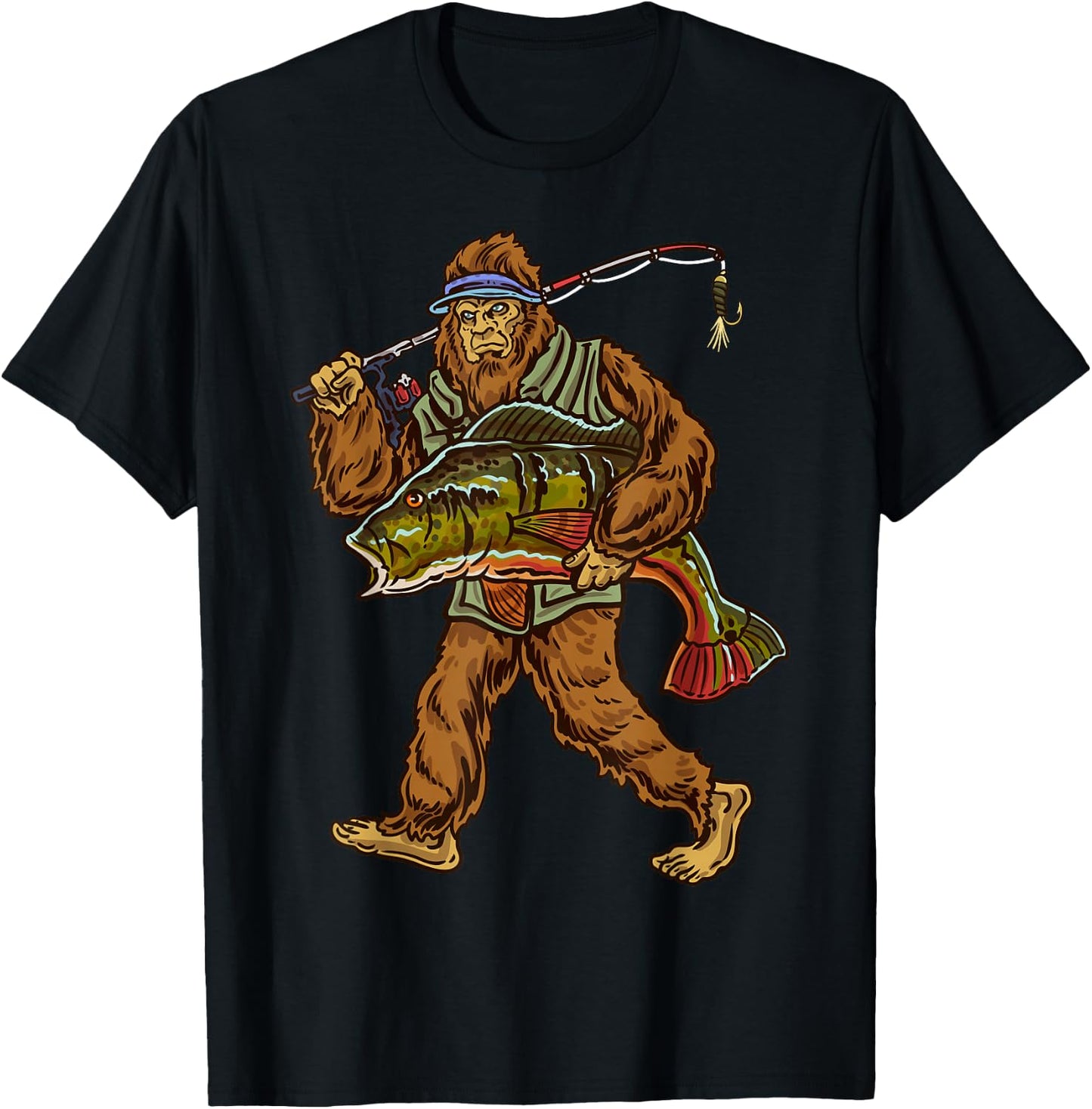 Peacock Fishing Bigfoot Bass Fisherman T-Shirt - T-Shirt | Black