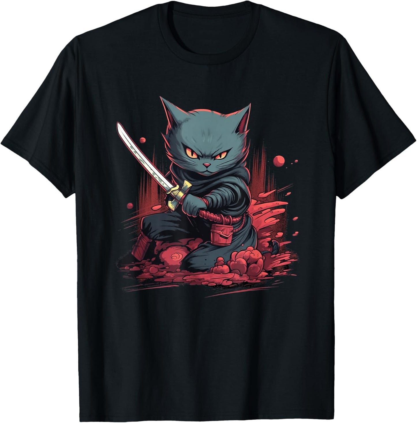Vintage Japanese Samurai Ninja Cat Tattoo Kawaii T-Shirt - T-Shirt | Black
