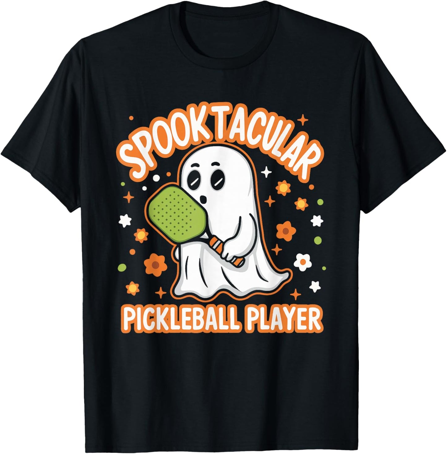 Spooktacular Pickleball Player Ghost Pumpkin T-Shirt - T-Shirt | Black