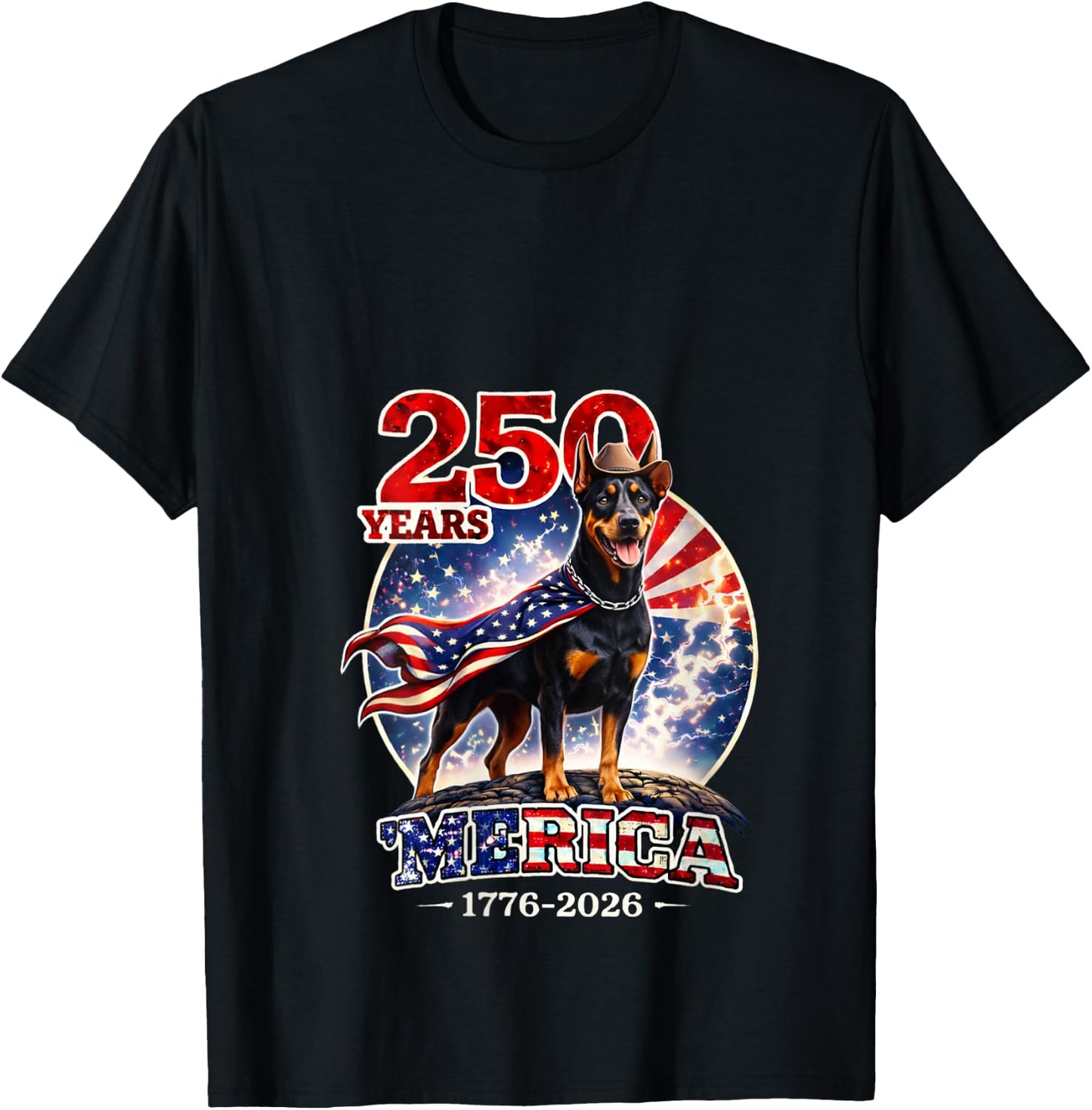 Women's 250 Years of Freedom Doberman Pinscher Dog 1776-2026 4th of V-Neck T-Shirt - T-Shirt | Black