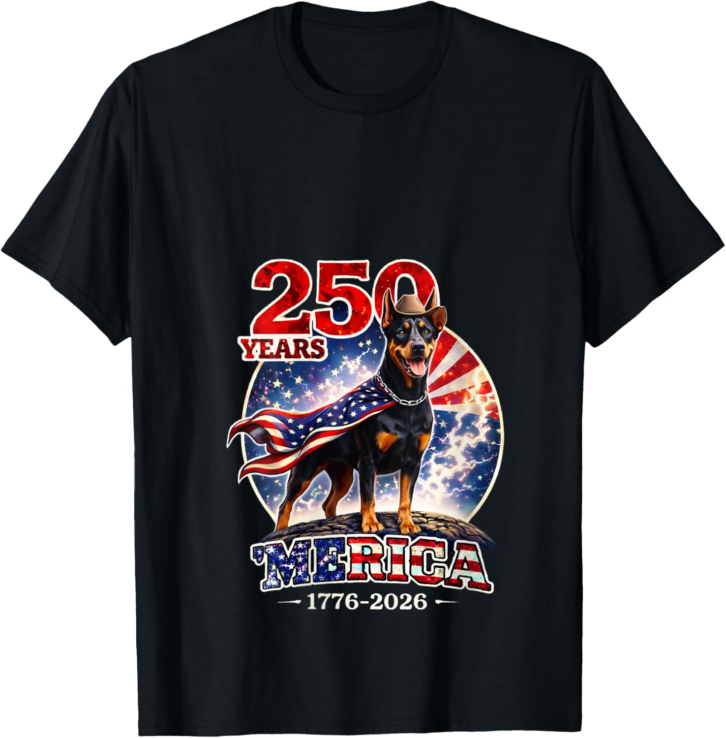 Women's 250 Years of Freedom Doberman Pinscher Dog 1776-2026 4th of V-Neck T-Shirt - T-Shirt | Black