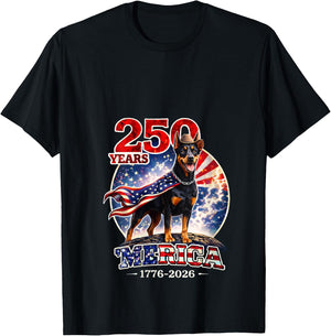 Women's 250 Years of Freedom Doberman Pinscher Dog 1776-2026 4th of V-Neck T-Shirt - T-Shirt | Black