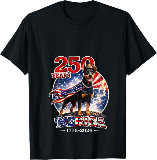 Women's 250 Years of Freedom Doberman Pinscher Dog 1776-2026 4th of V-Neck T-Shirt - T-Shirt | Black