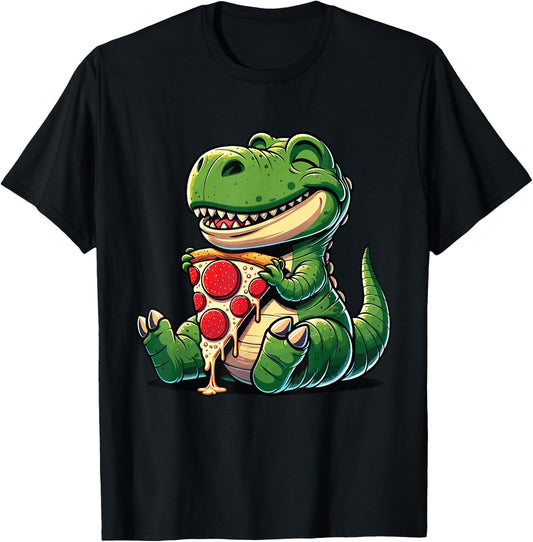 Funny Dinosaur Eating Pizza Graphic Boys Girls Women Kids T-Shirt - T-Shirt | Black