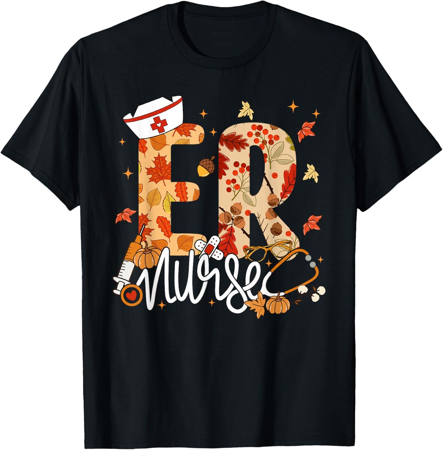 Stethoscope ER Nurse Fall Yall Autumn Leaves Thanksgiving T-Shirt - T-Shirt | Black