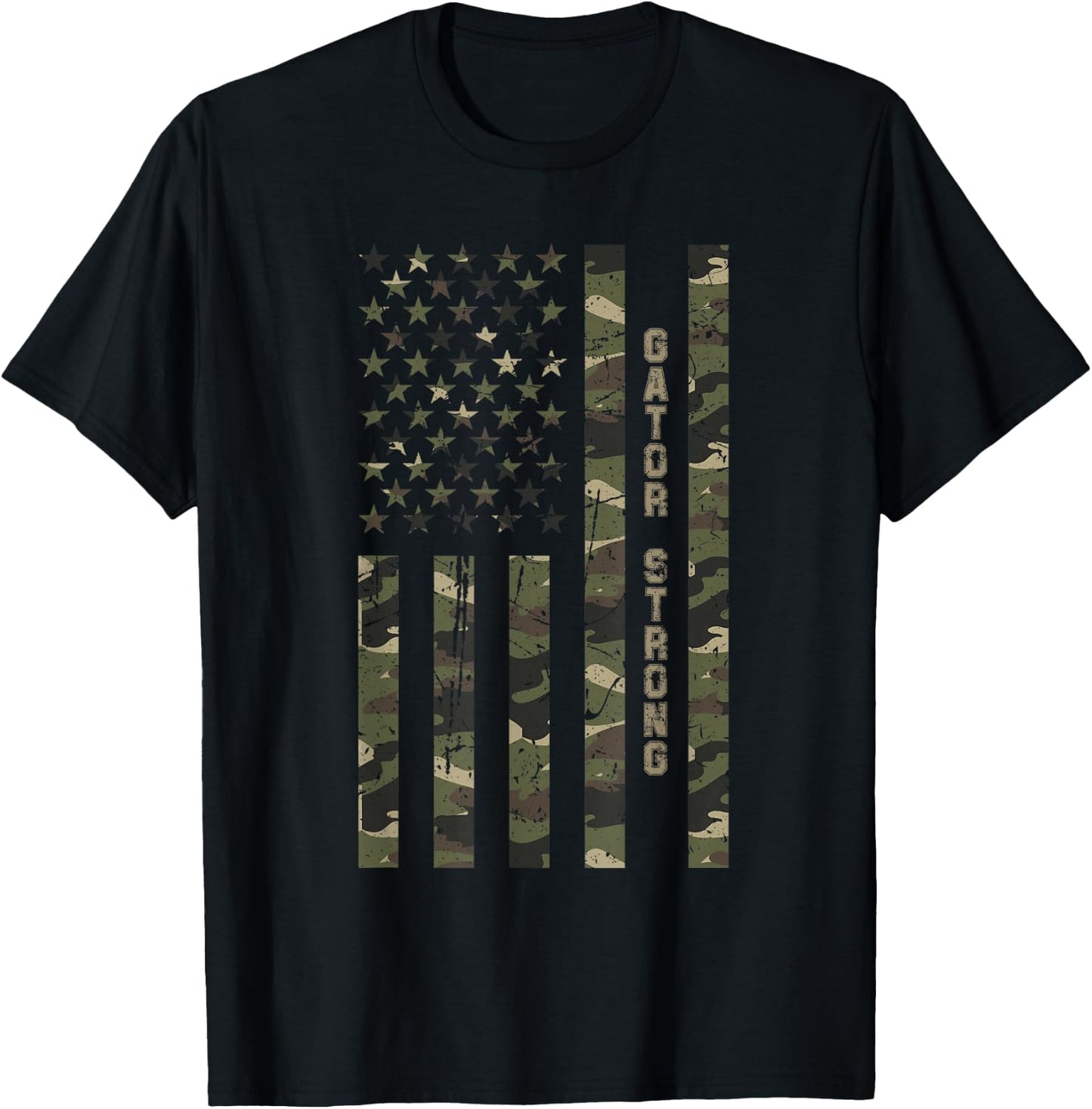Gator Strong United States Distressed Camo w US Flag T-Shirt - T-Shirt | Black