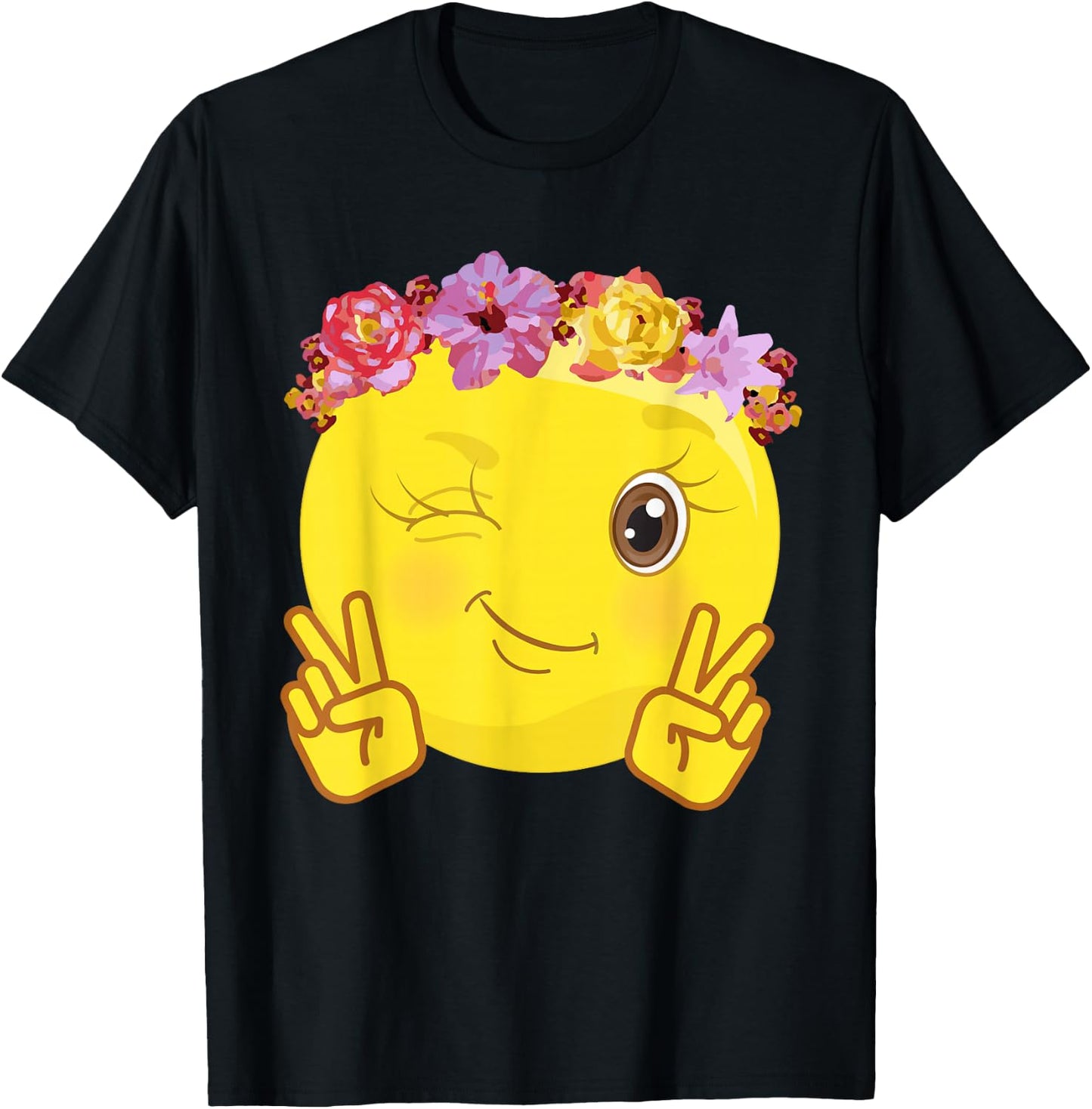 Peace Emoticon Winking Flower Crown T-Shirt - T-Shirt | Black