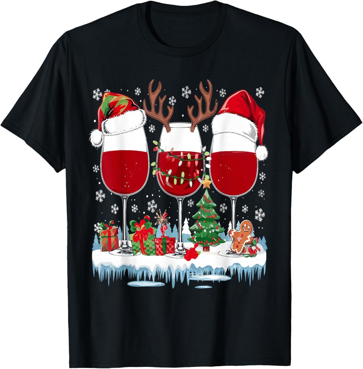 Santa Hat Funny Wine Glass Santa Hat Women , Black, S T-Shirt - T-Shirt | Black