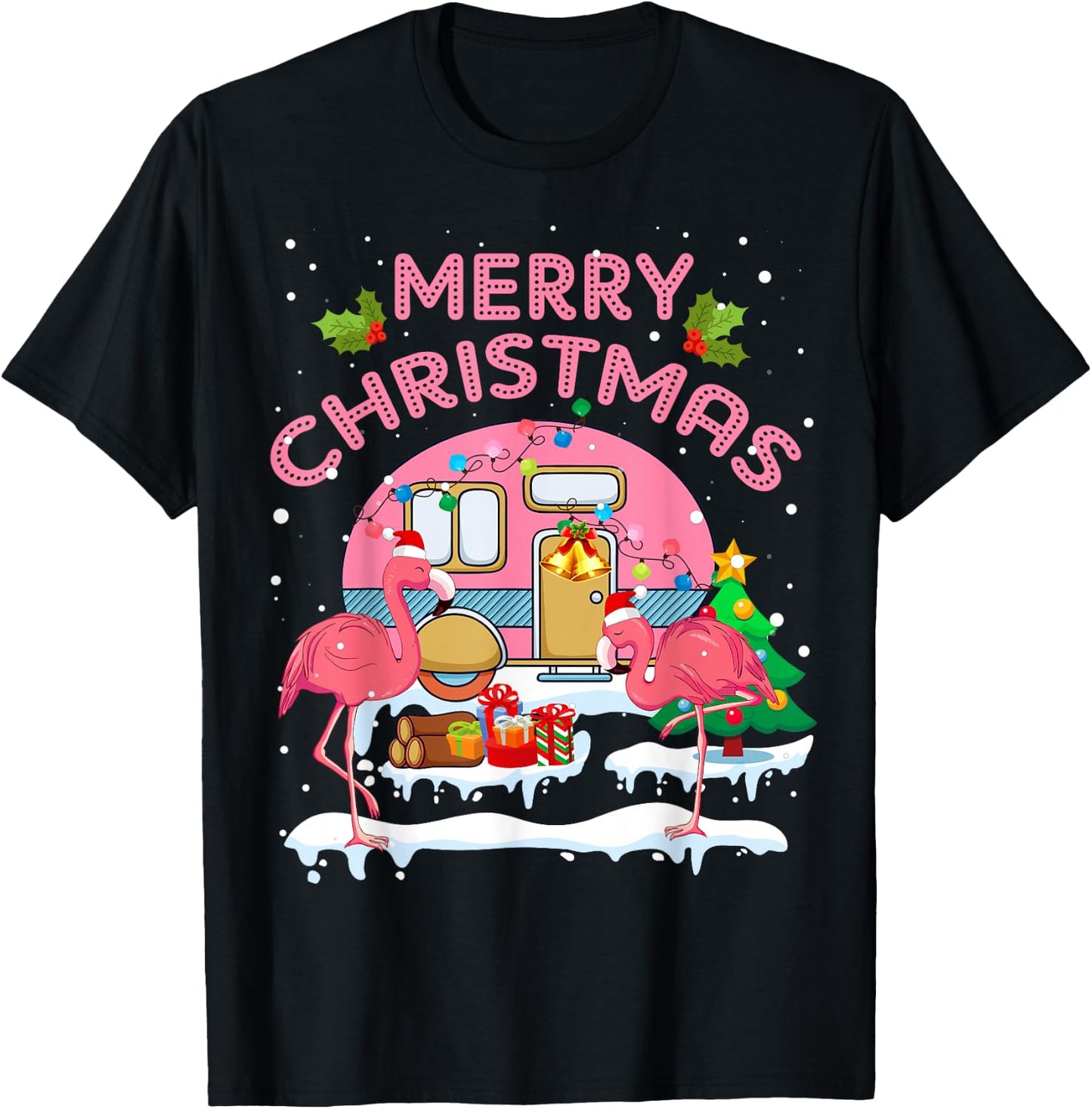 Flamingo Pink Camping Car Christmas Tree Merry Christmas T-Shirt - T-Shirt | Black