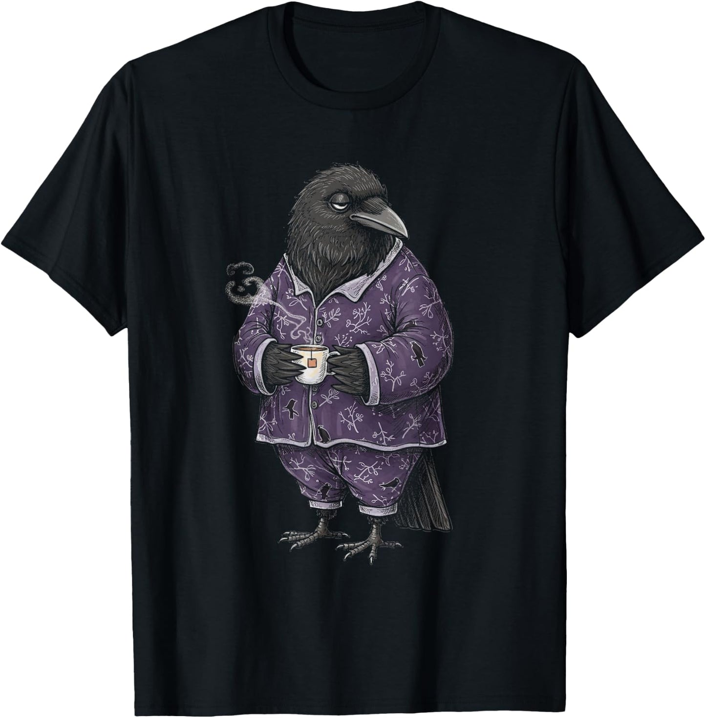 Funny Sleepy Raven With Tea Lovers Humor Pajama T-Shirt - T-Shirt | Black