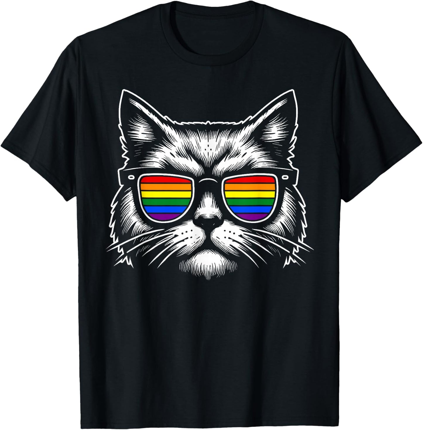 Rainbow Cat with Sunglasses and Pride Flag Gay Pride T-Shirt - T-Shirt | Black