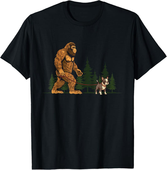 Funny Boston Terrier Bigfoot Dog Walking Dog Mom Dad Kids T-Shirt - T-Shirt | Black