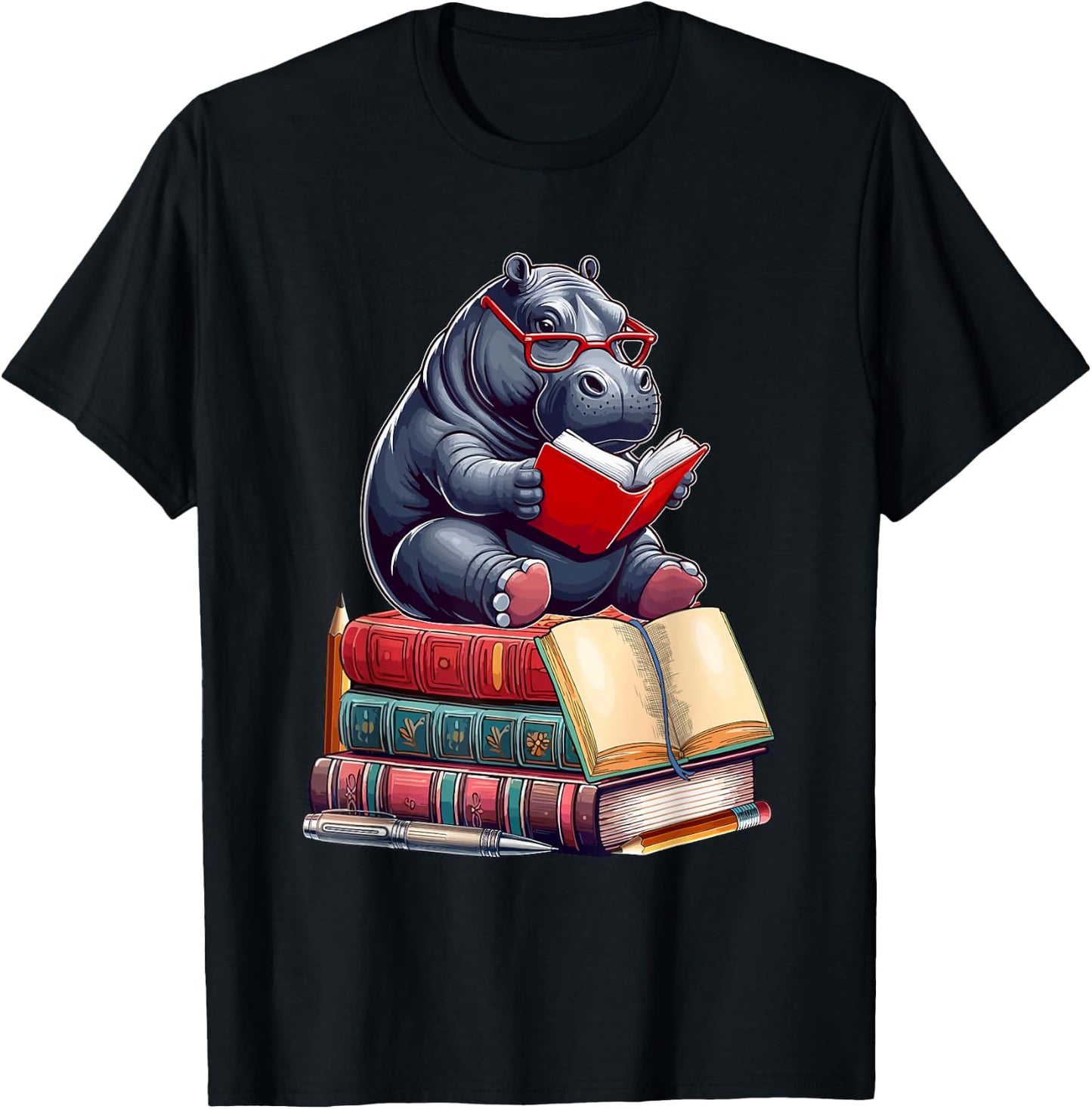 Hippo Reading Books Matching Bookworm Readers Librarian T-Shirt - T-Shirt | Black