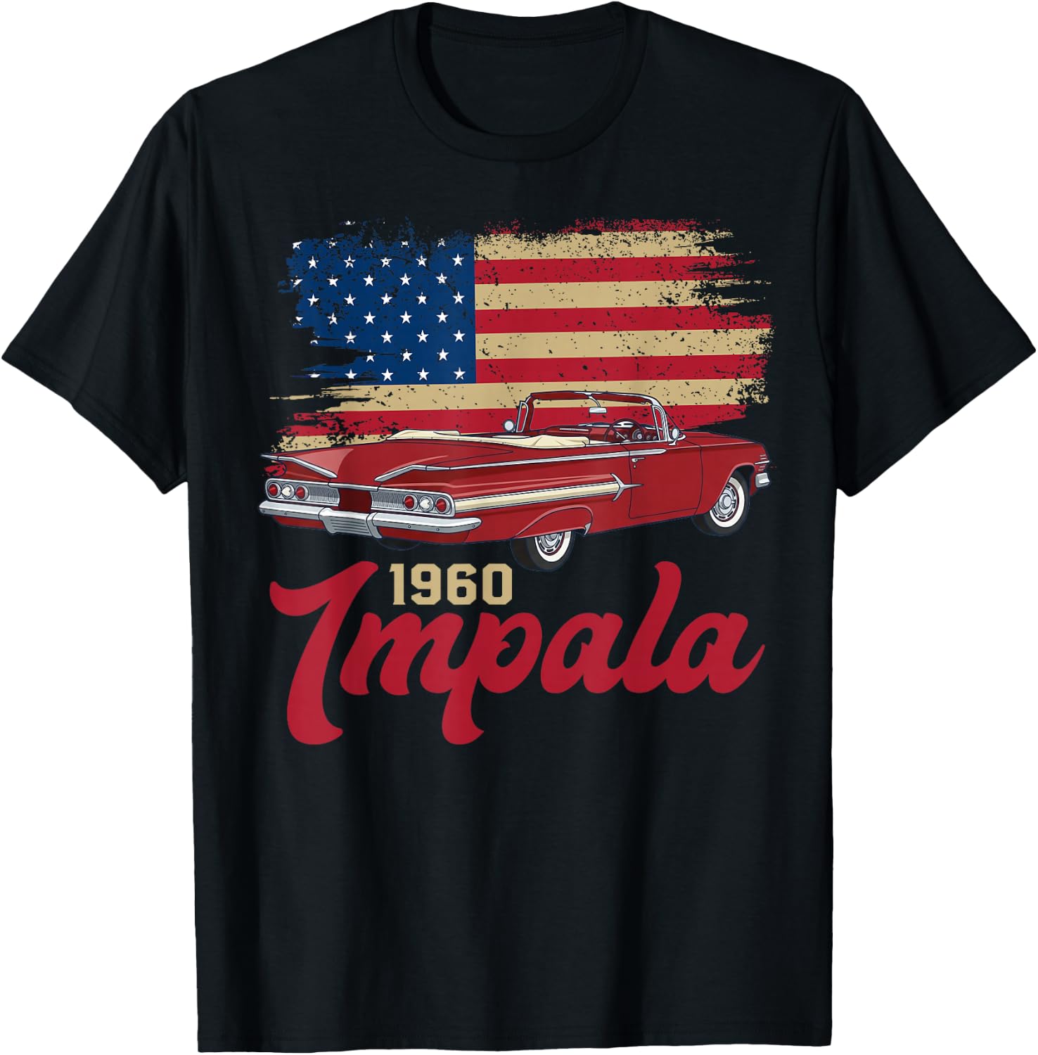 1960 60 Impala Old School Muscle Car American Flag T-Shirt - T-Shirt | Black