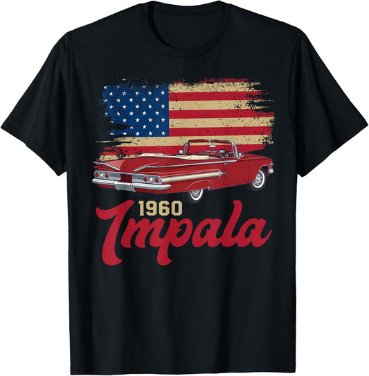 1960 60 Impala Old School Muscle Car American Flag T-Shirt - T-Shirt | Black