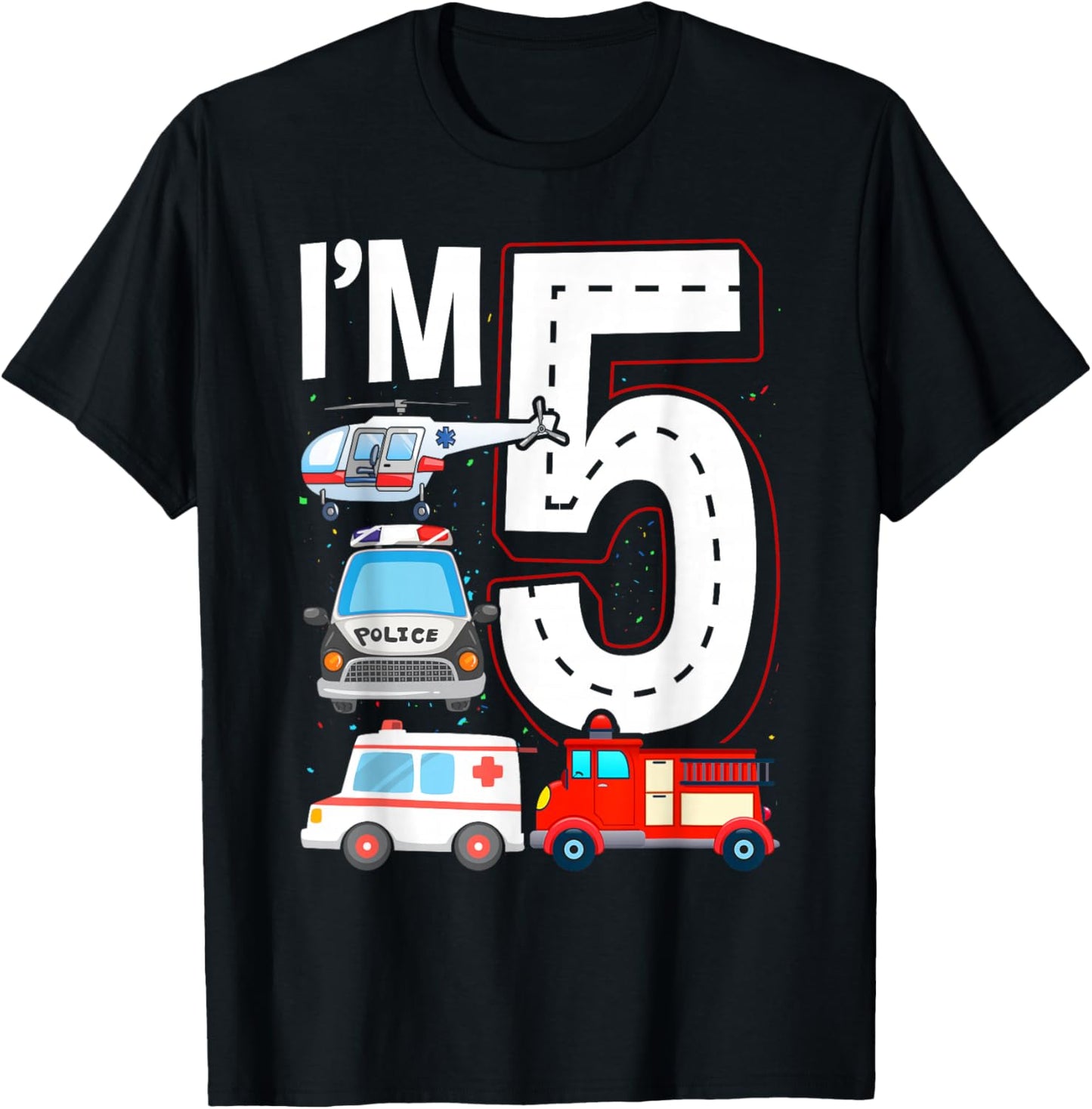 Emergency Vehicles 5th Birthday Fire Truck Police Car Boys T-Shirt - T-Shirt | Black