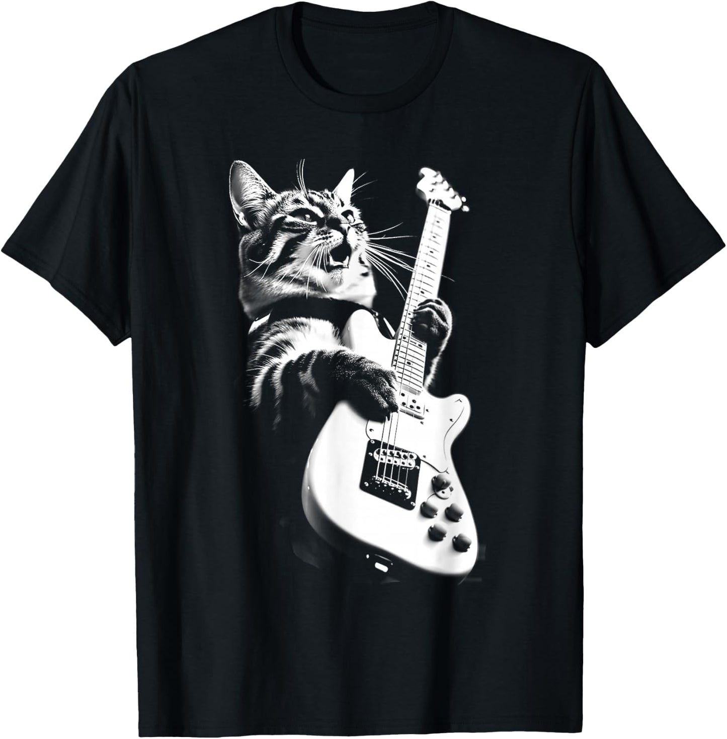 Rock Cat Playing Guitar - Funny Guitar Cat T-Shirt - T-Shirt | Black