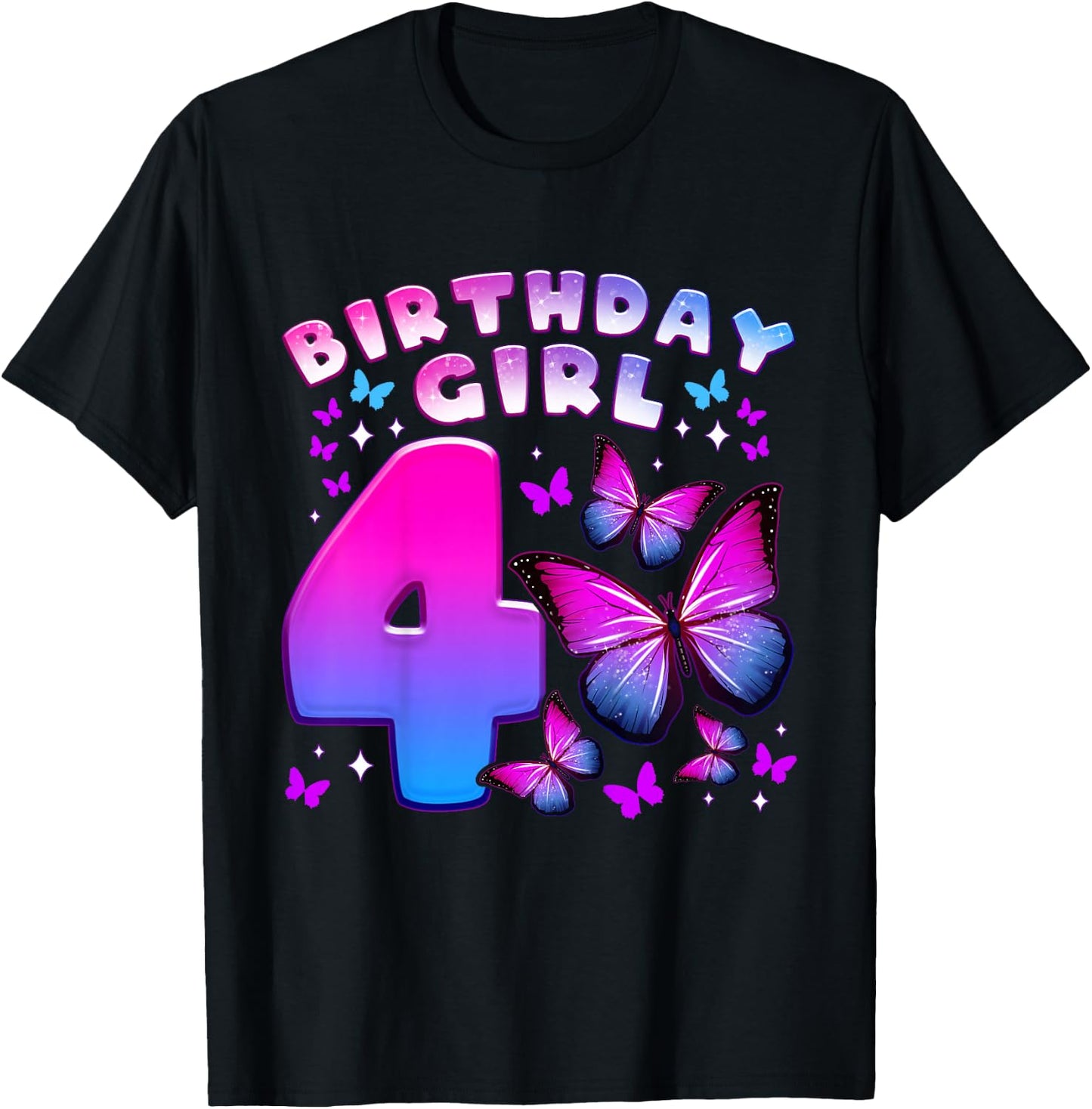 Birthday Girl 4 Years Old Butterfly Number 4 T-Shirt - T-Shirt | Black