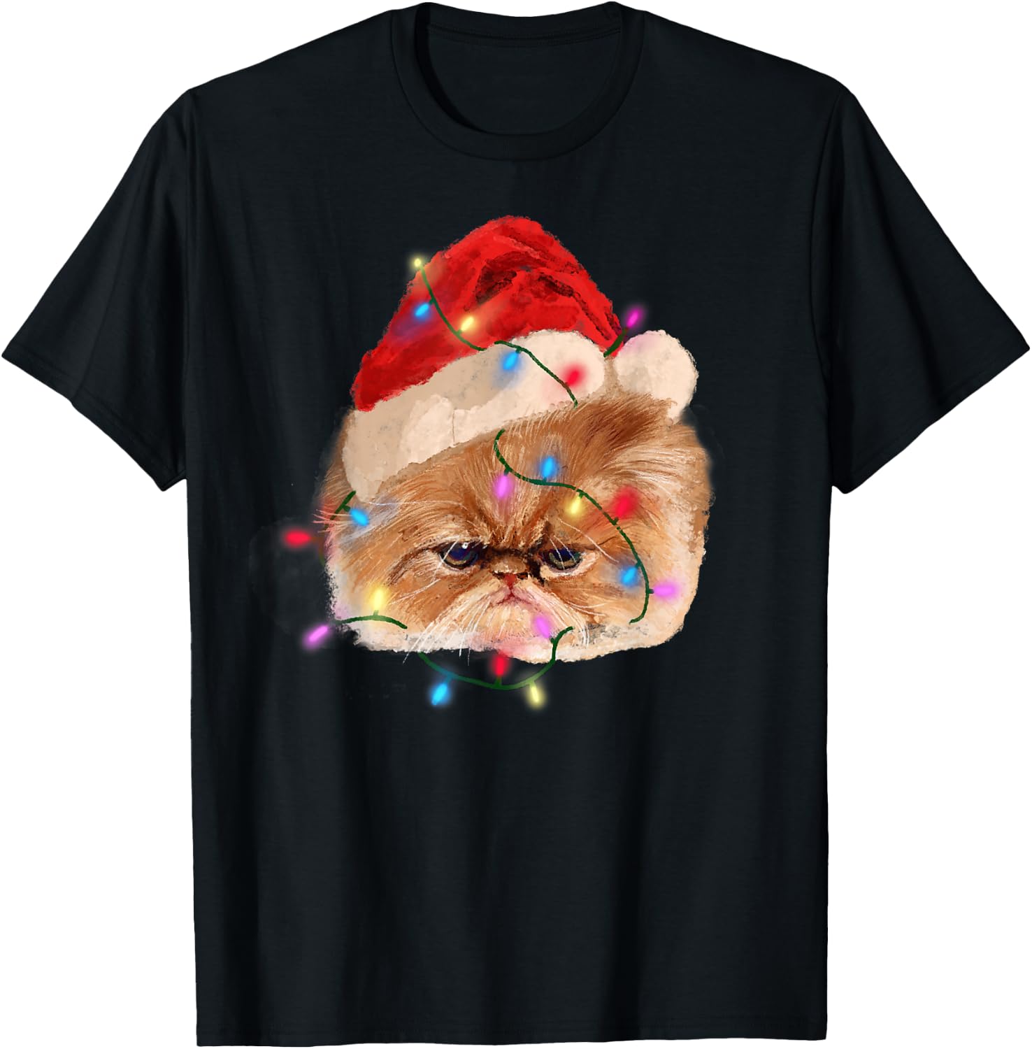 Funny Xmas Persian Cat Christmas Lights Adorable Face Fluffy T-Shirt - T-Shirt | Black