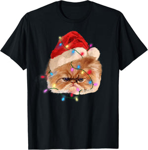 Funny Xmas Persian Cat Christmas Lights Adorable Face Fluffy T-Shirt - T-Shirt | Black