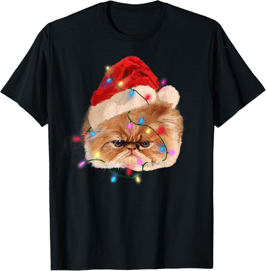 Funny Xmas Persian Cat Christmas Lights Adorable Face Fluffy T-Shirt - T-Shirt | Black