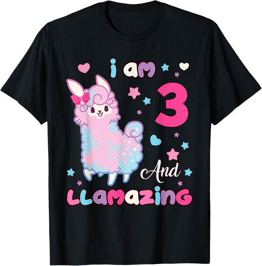 3 Years Old 3rd Birthday Girl I Am Three and Llamazing Llama T-Shirt - T-Shirt | Black