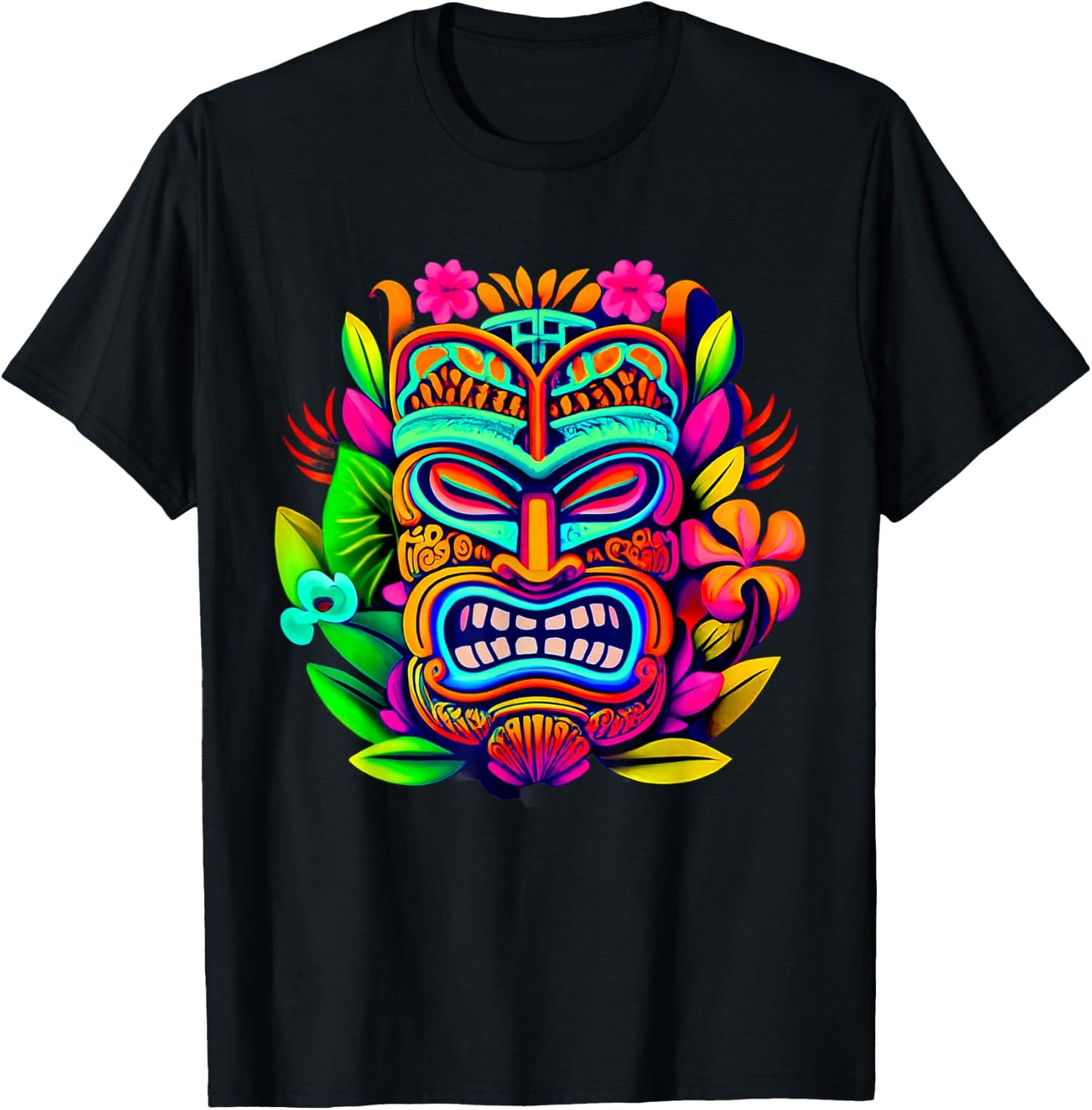 Bright Neon Maui Polynesian Hawaiian Tiki Head Style Design T-Shirt - T-Shirt | Black