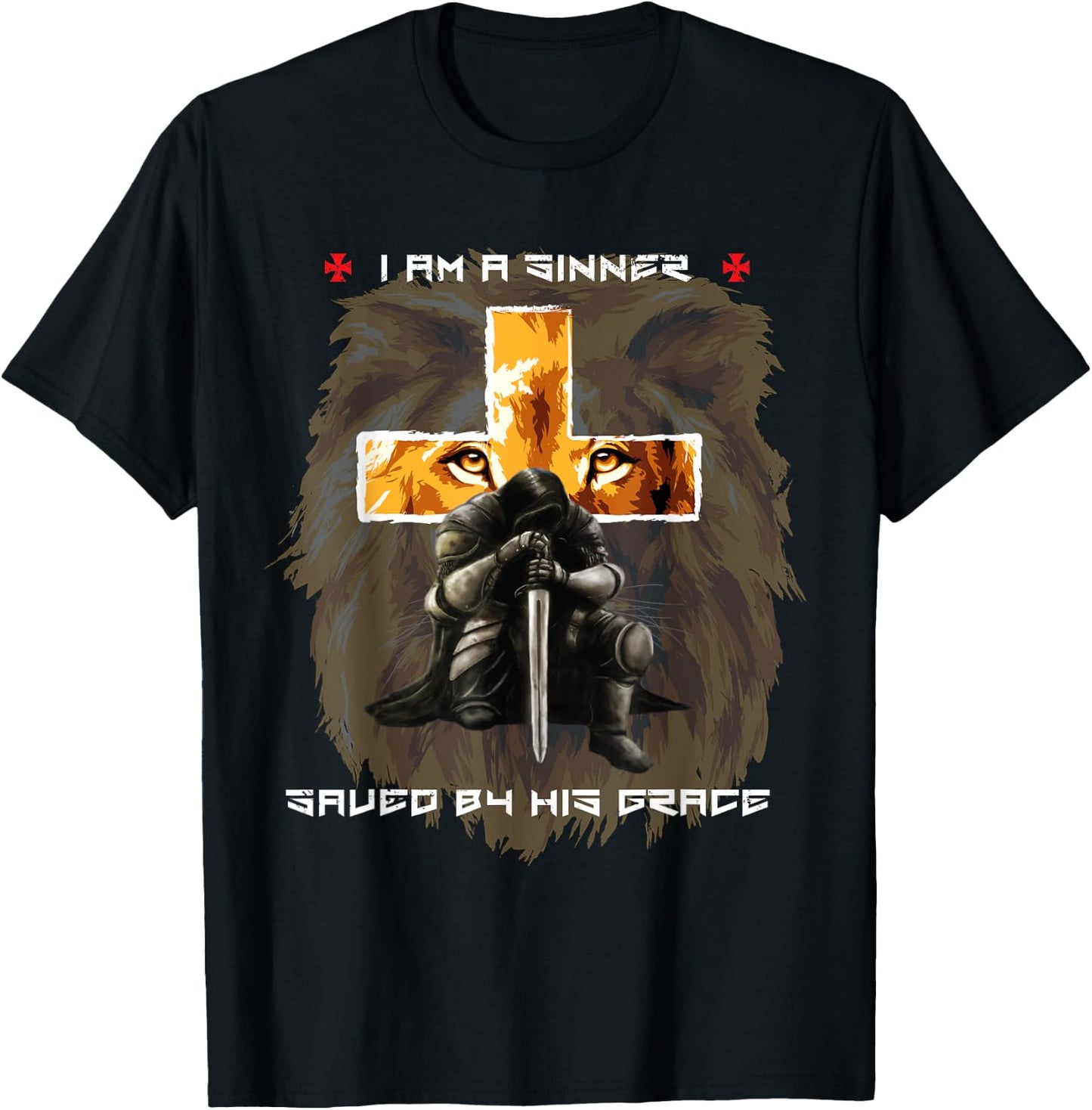 Sinner Saved By Gods Grace Christian Messages Lion Cross T-Shirt - T-Shirt | Black