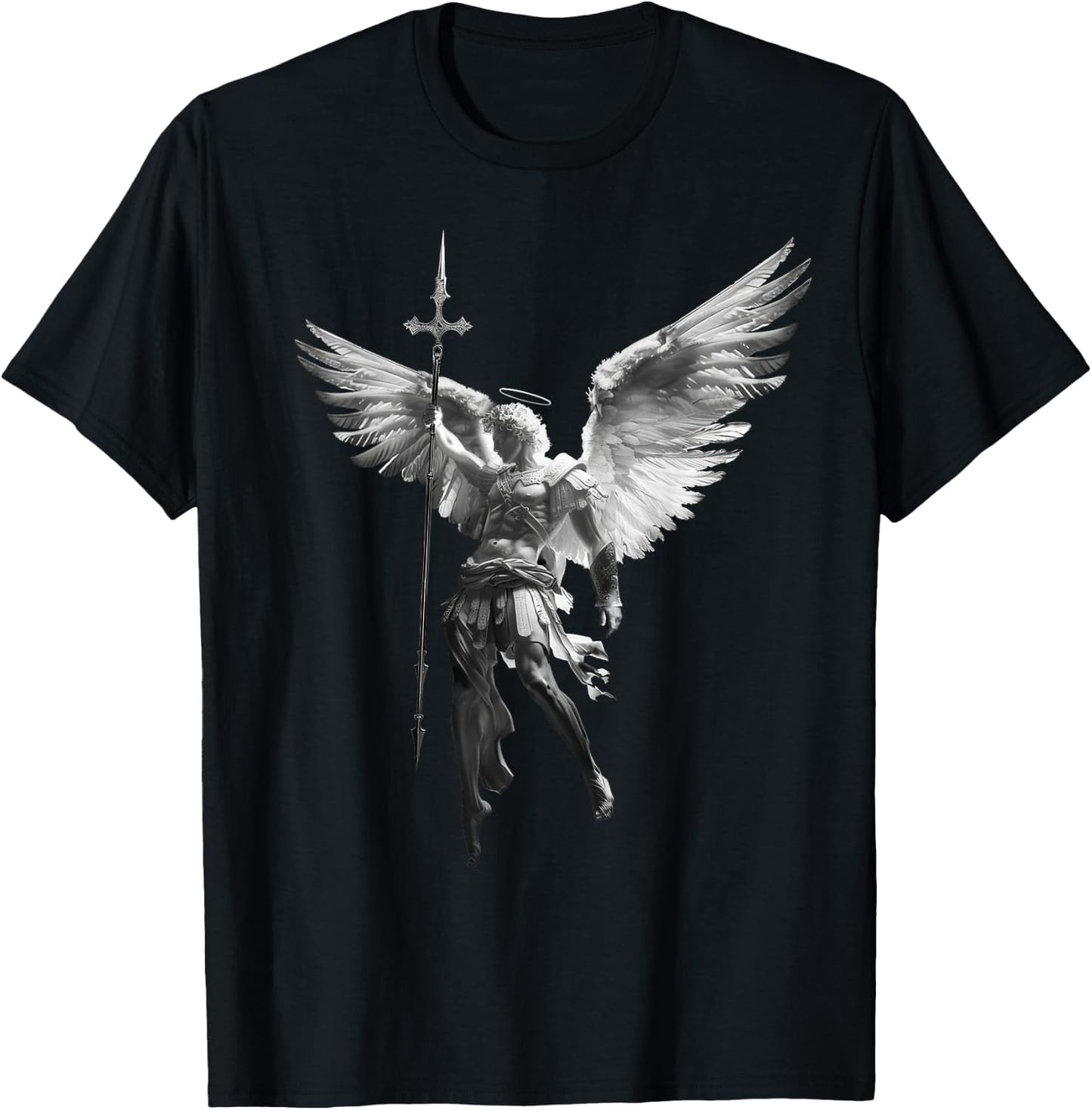 with German Text "Gottes Engel Michael Archangel with Spear Cross and Wings, black T-Shirt - T-Shirt | Black
