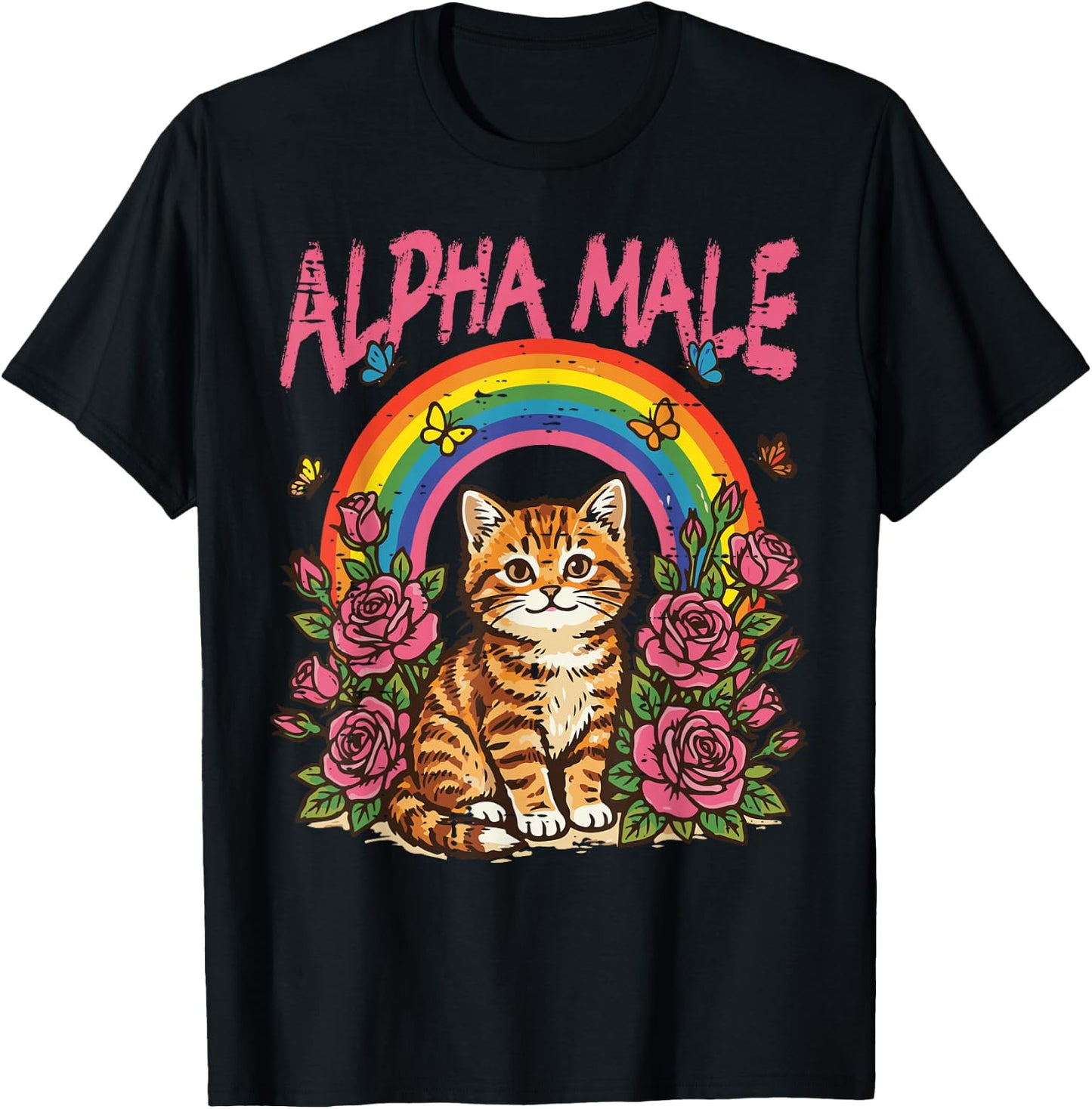 Cat Kitten Flowers Rainbow Alpha Male Funny Meme Women Men T-Shirt - T-Shirt | Black