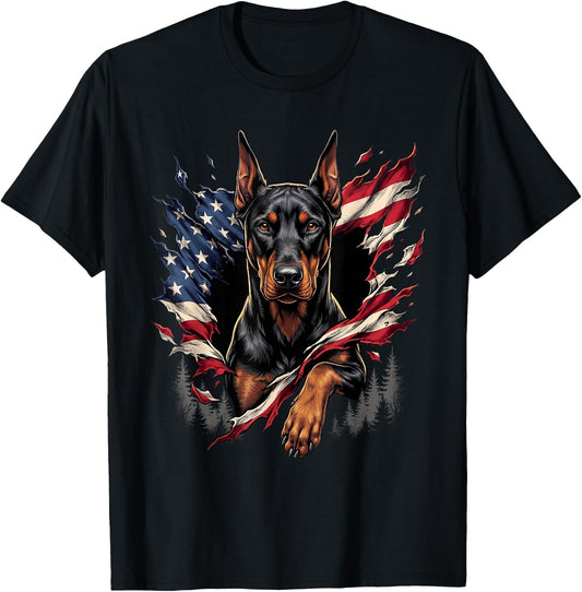 Doberman Dog Patriotic American Flag 4th of July USA T-Shirt - T-Shirt | Black