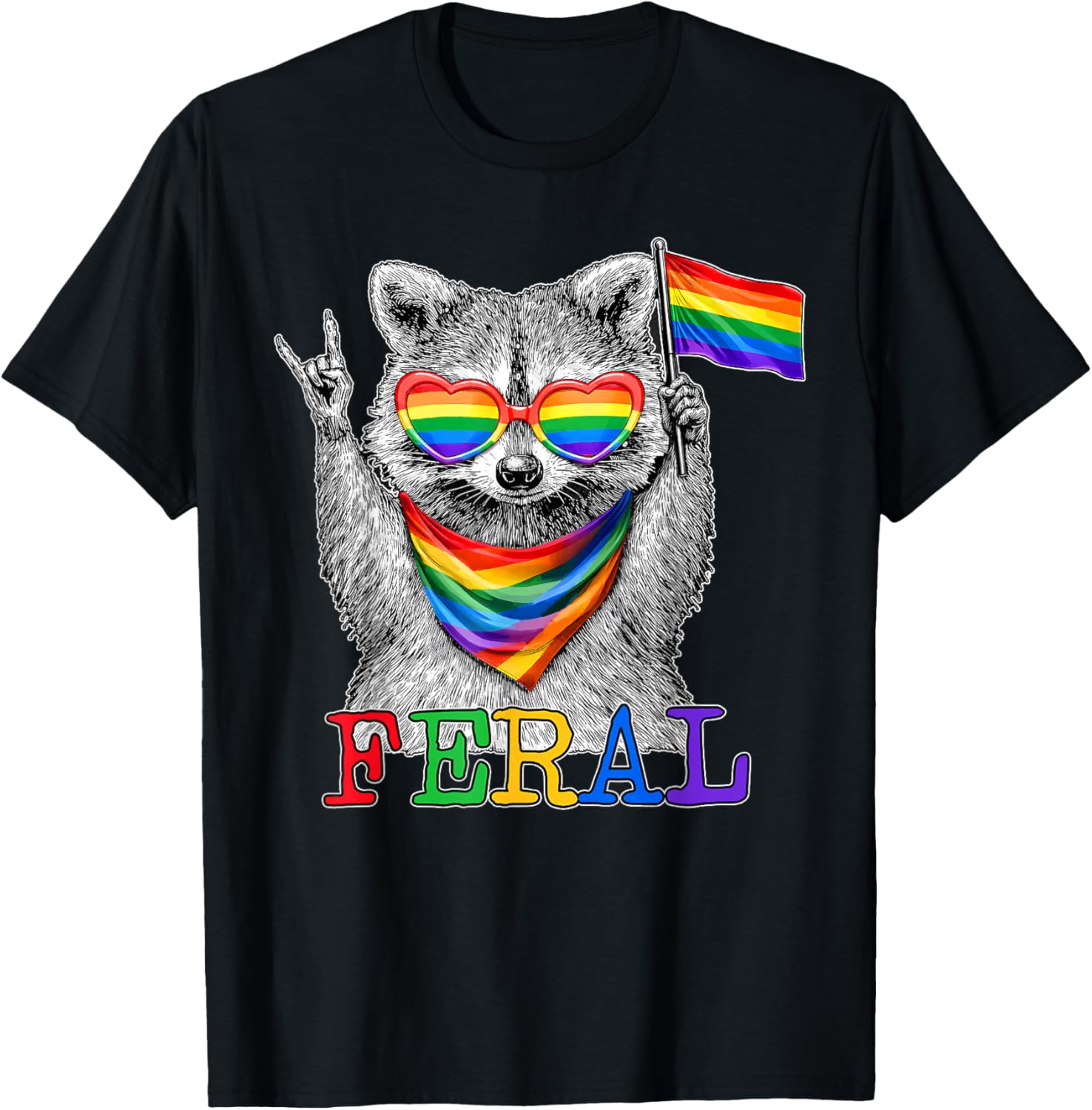 Pride LGBT Feral Raccoon Rainbow Flag Sunglasses Men Women T-Shirt - T-Shirt | Black