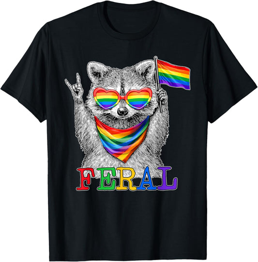 Pride LGBT Feral Raccoon Rainbow Flag Sunglasses Men Women T-Shirt - T-Shirt | Black