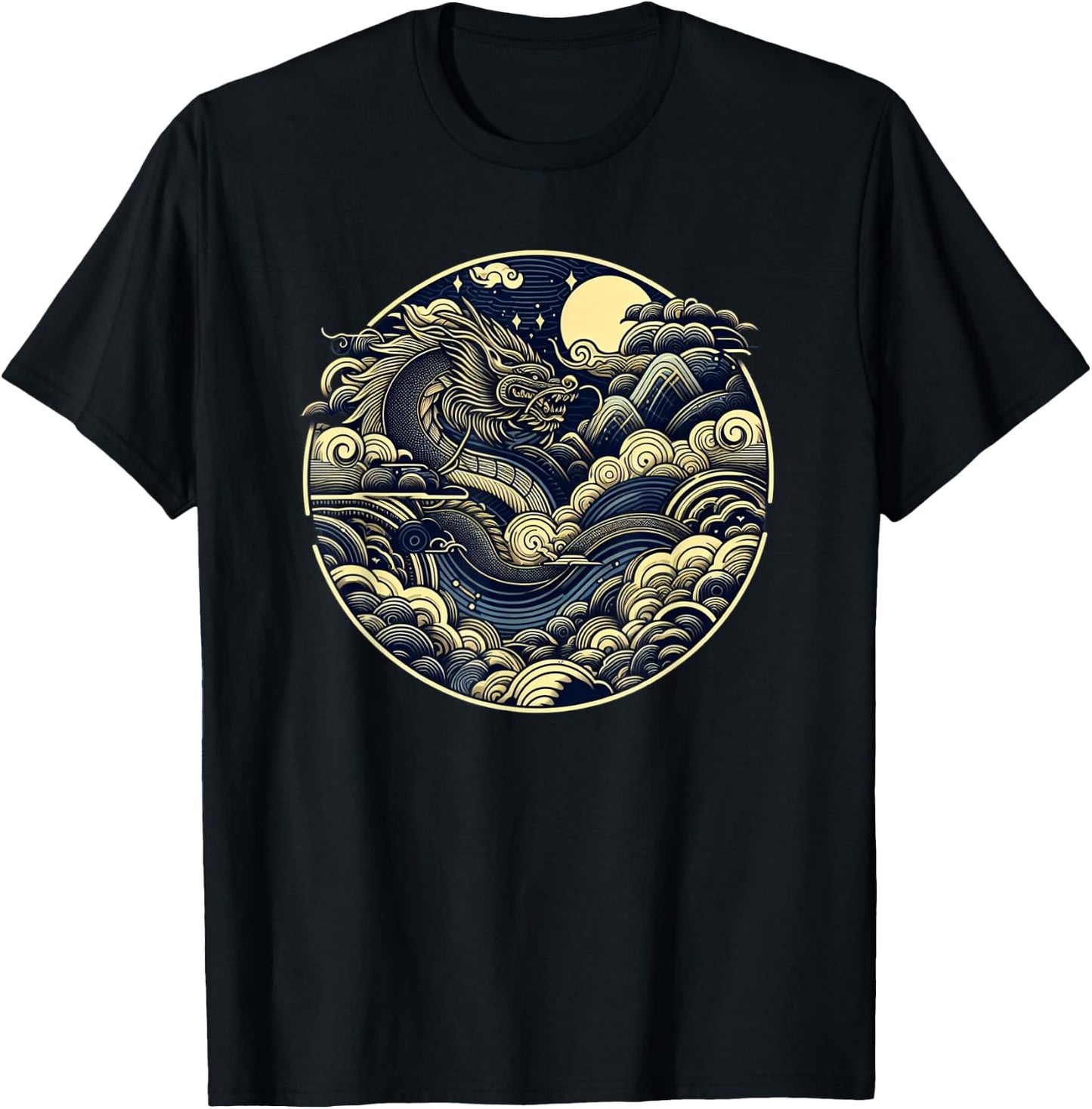 Japanese Dragon Moon Waves Ukiyo-e Style Circular Graphic T-Shirt - T-Shirt | Black