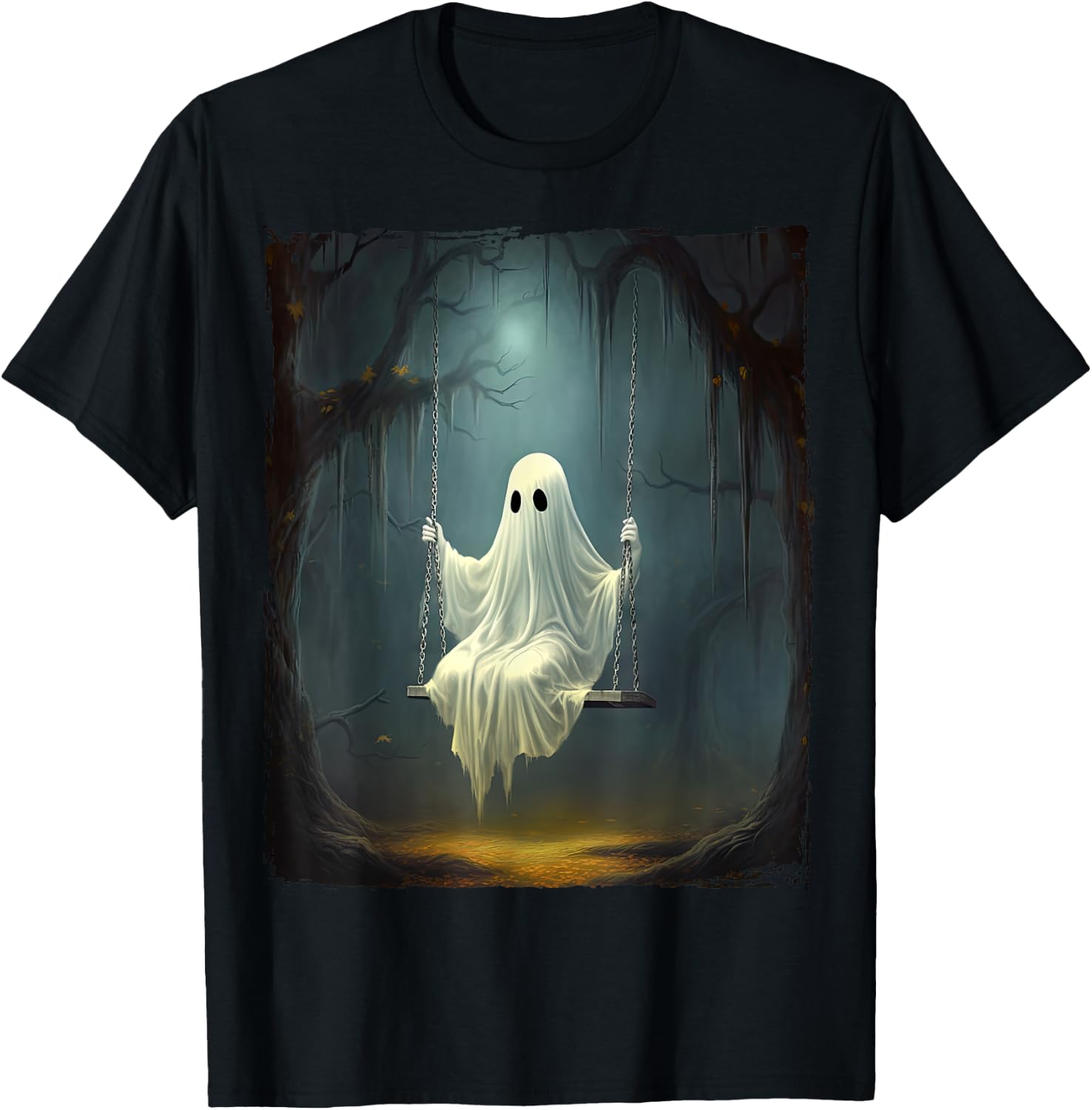 Vintage Floral Ghost On Swing In Forest Spooky Halloween T-Shirt - T-Shirt | Black