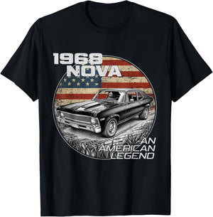 1968 68 Nova Silhouette Muscle Car American Flag T-Shirt - T-Shirt | Black
