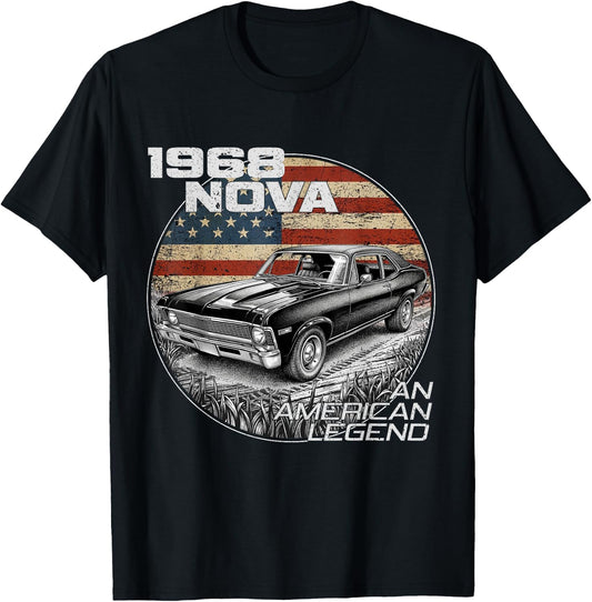 1968 68 Nova Silhouette Muscle Car American Flag T-Shirt - T-Shirt | Black